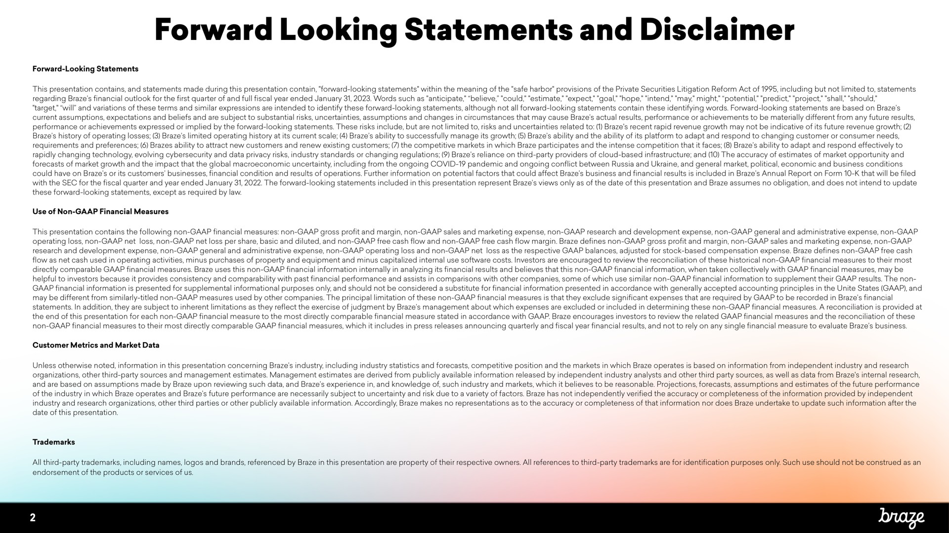 forward looking statements and disclaimer | Braze