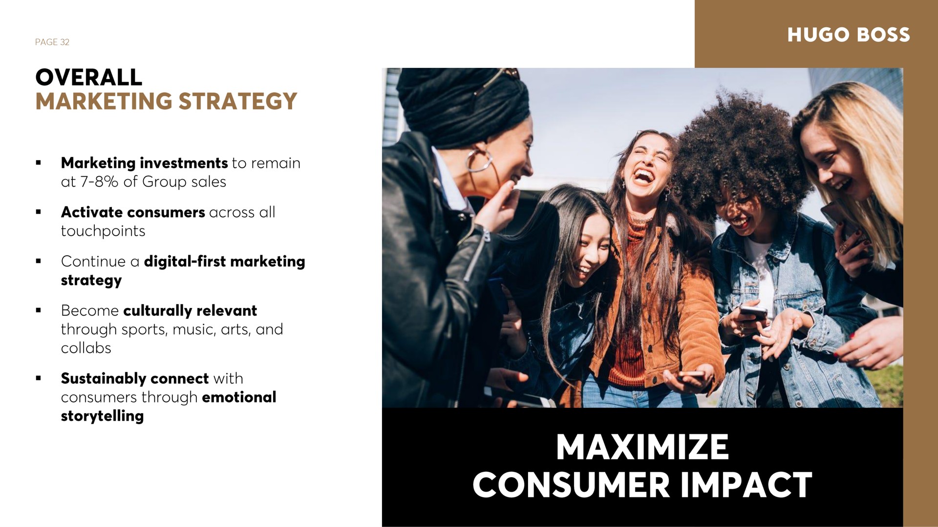 overall marketing strategy marketing investments to remain at of group sales continue a digital first marketing become culturally relevant through sports music arts and connect with consumers through emotional storytelling boss consumer impact maximize | Hugo Boss