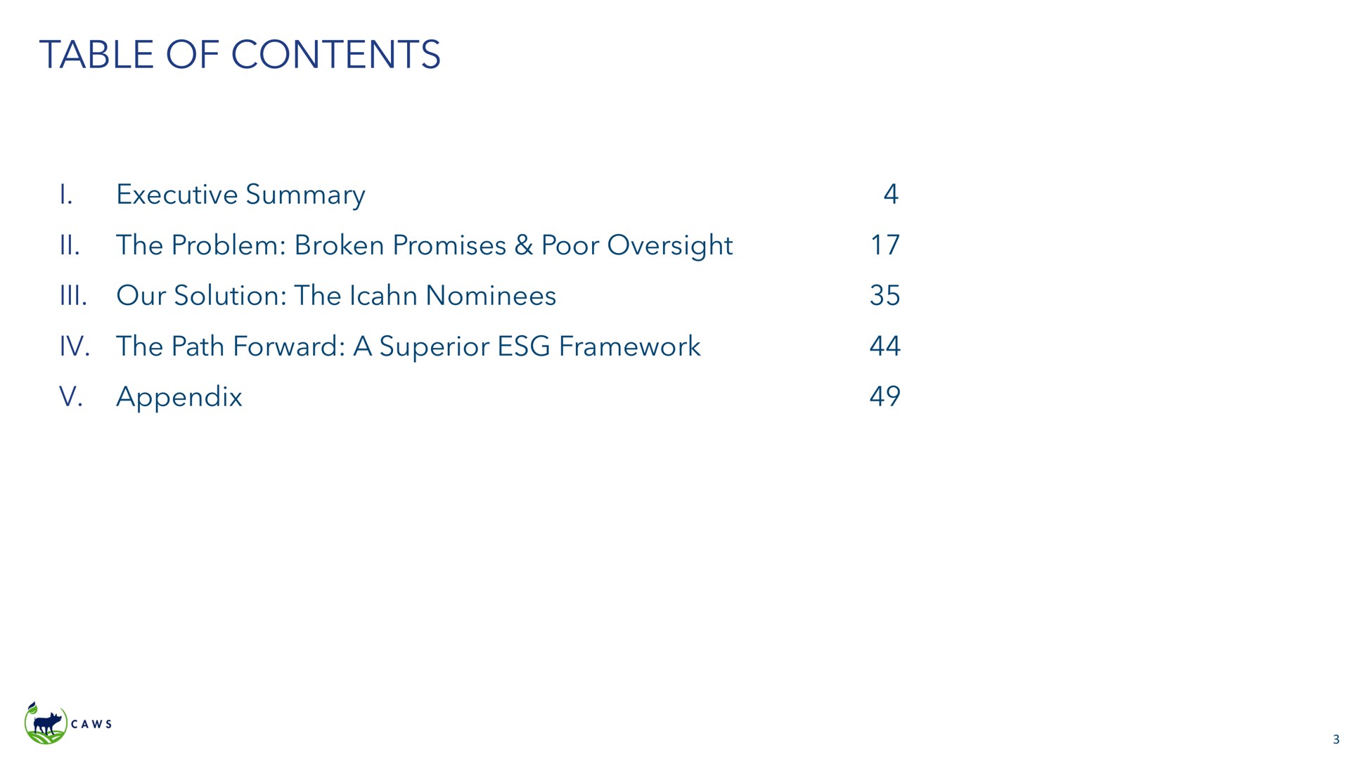 table of contents ill executive summary the problem broken promises poor oversight our solution the nominees the path forward a superior framework appendix | Icahn Enterprises