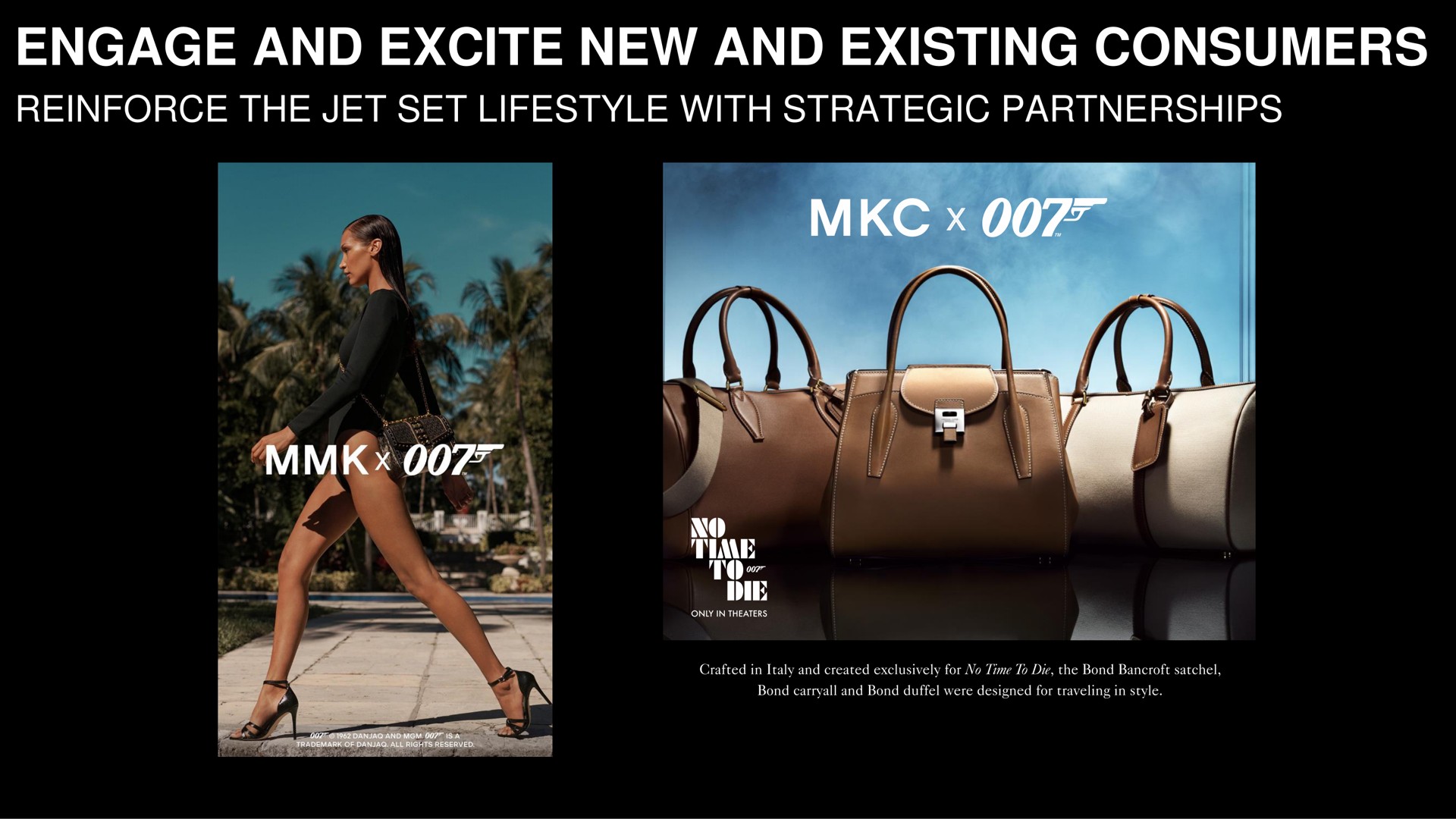 engage and excite new and existing consumers reinforce the jet set with strategic partnerships crafted in created exclusively for no time to die the bond satchel bond carryall bond duffel were designed for traveling in style | Capri Holdings