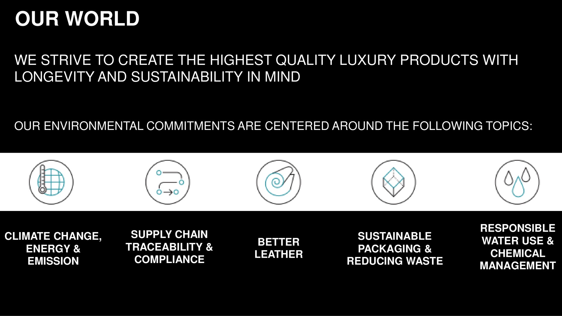 our world we strive to create the highest quality luxury products with longevity and in mind environmental commitments are centered around the following topics climate change supply chain traceability compliance energy emission sustainable packaging reducing waste responsible eat tae chemical atta | Capri Holdings