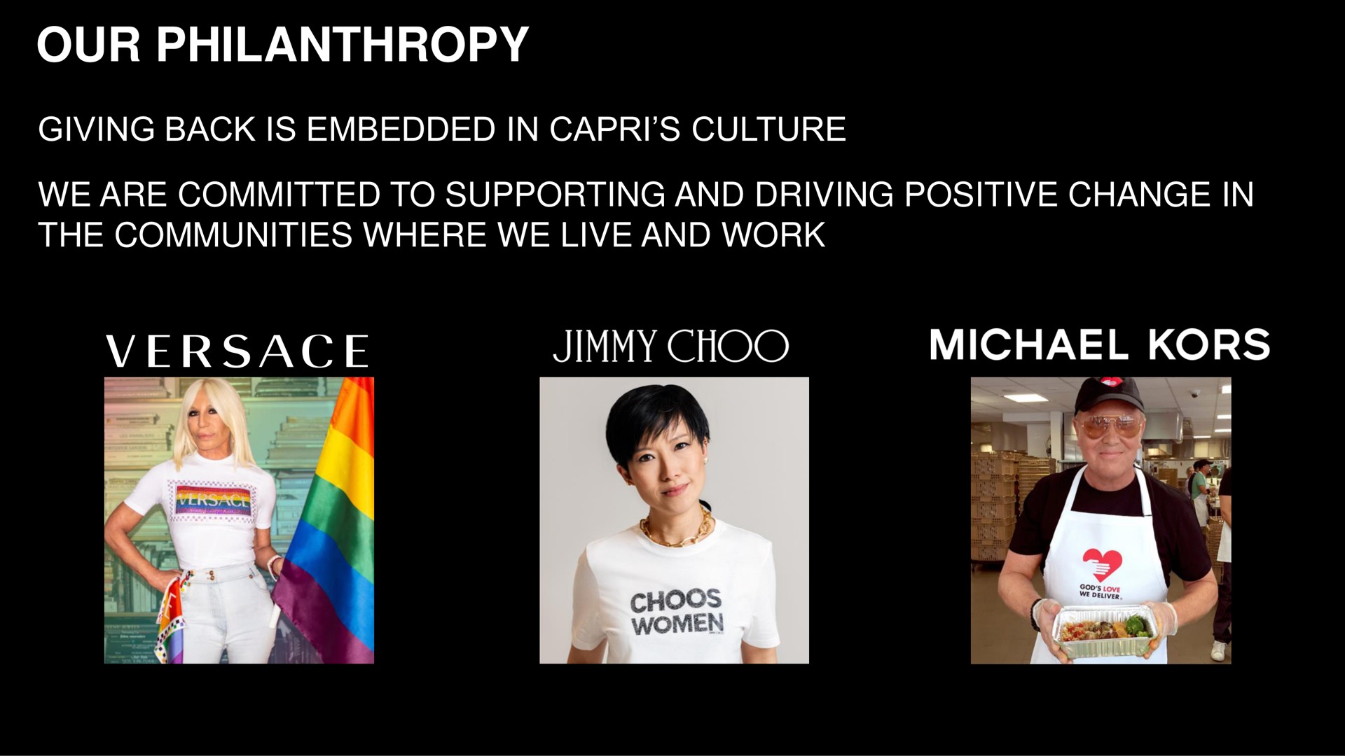 our philanthropy giving back is embedded in culture we are committed to supporting and driving positive change in the communities where we live and work jimmy kors | Capri Holdings