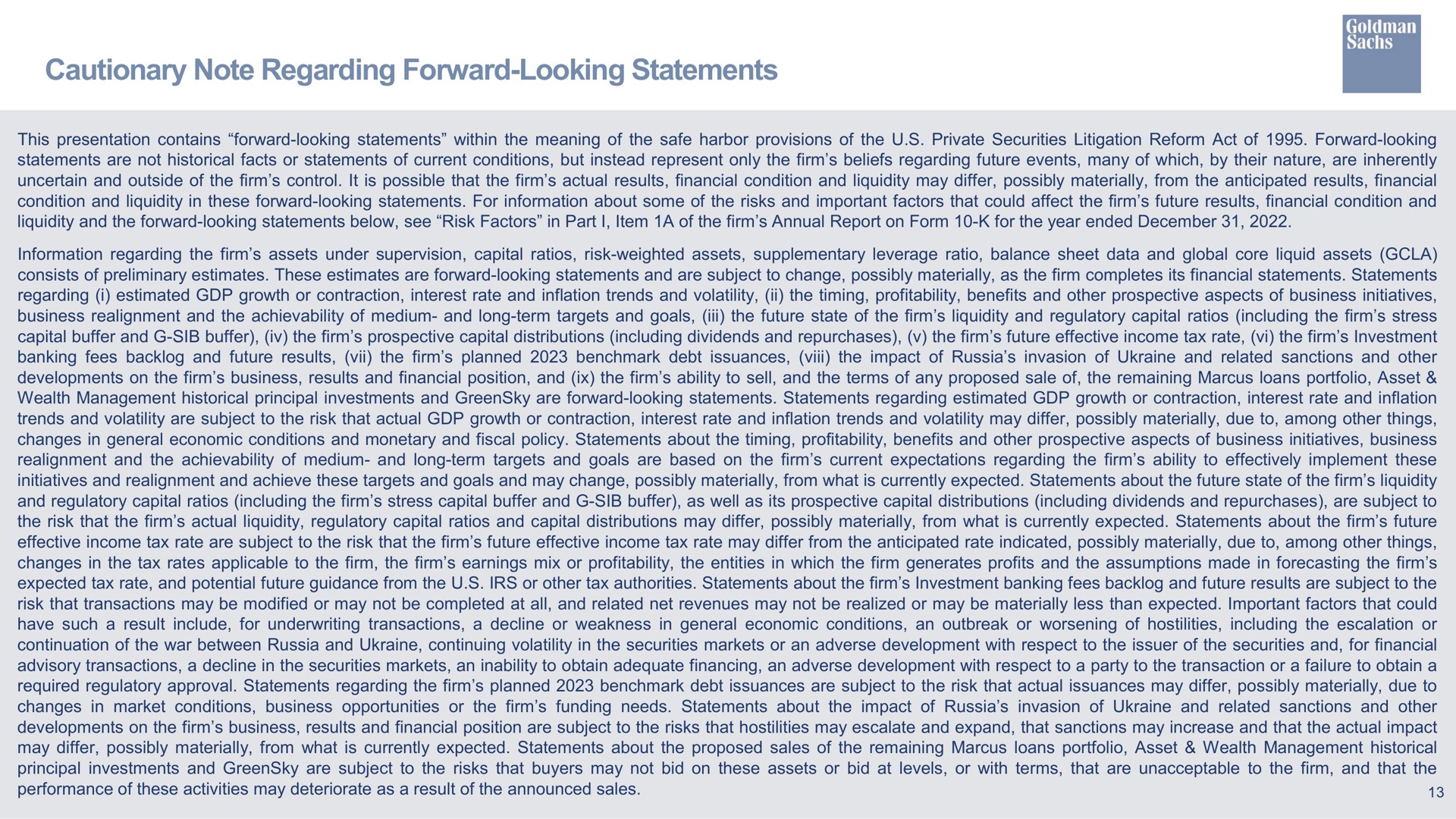 cautionary note regarding forward looking statements | Goldman Sachs