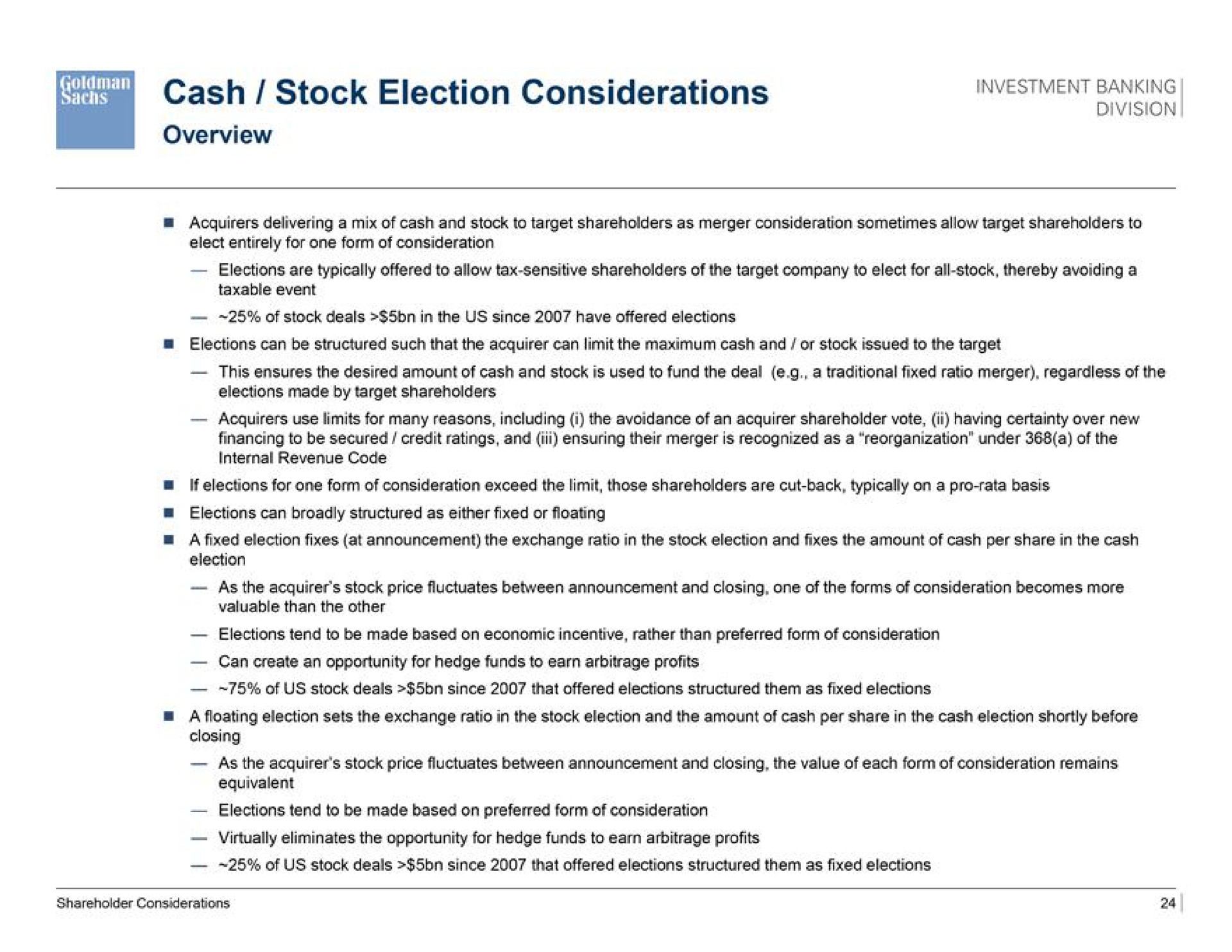 cash stock election considerations | Goldman Sachs