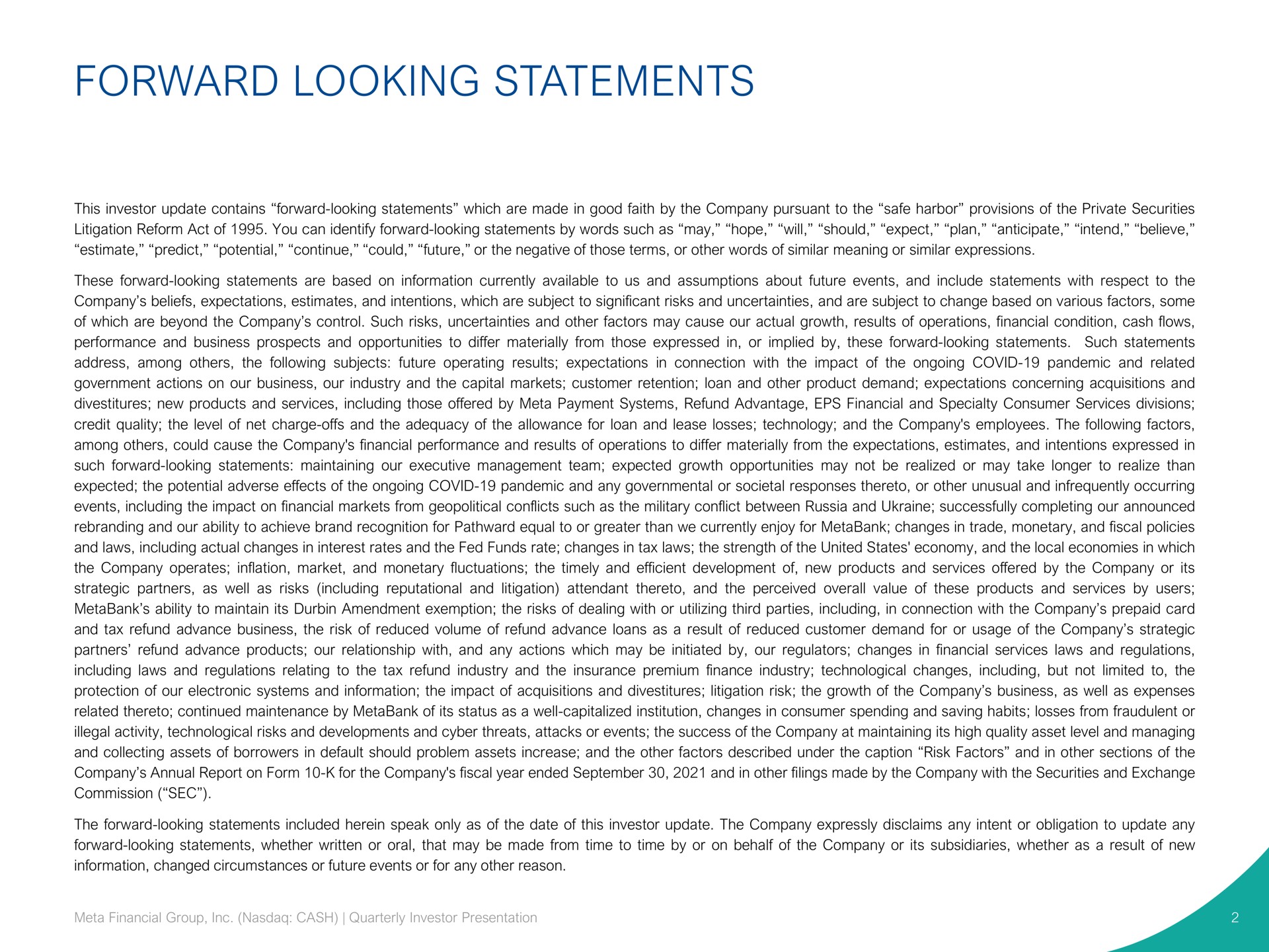 forward looking statements | Pathward Financial