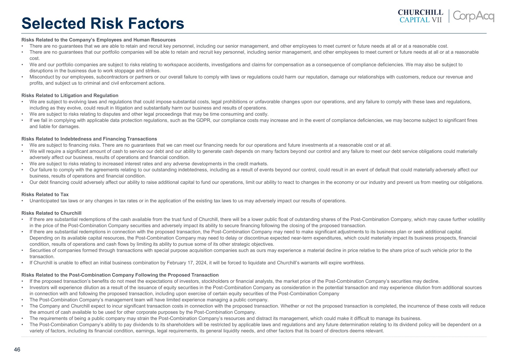 selected risk factors | CorpAcq