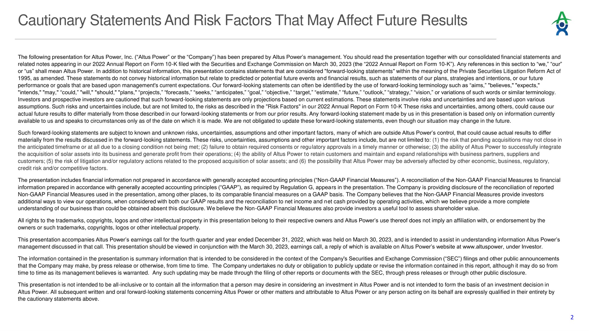 cautionary statements and risk factors that may affect future results | Altus Power