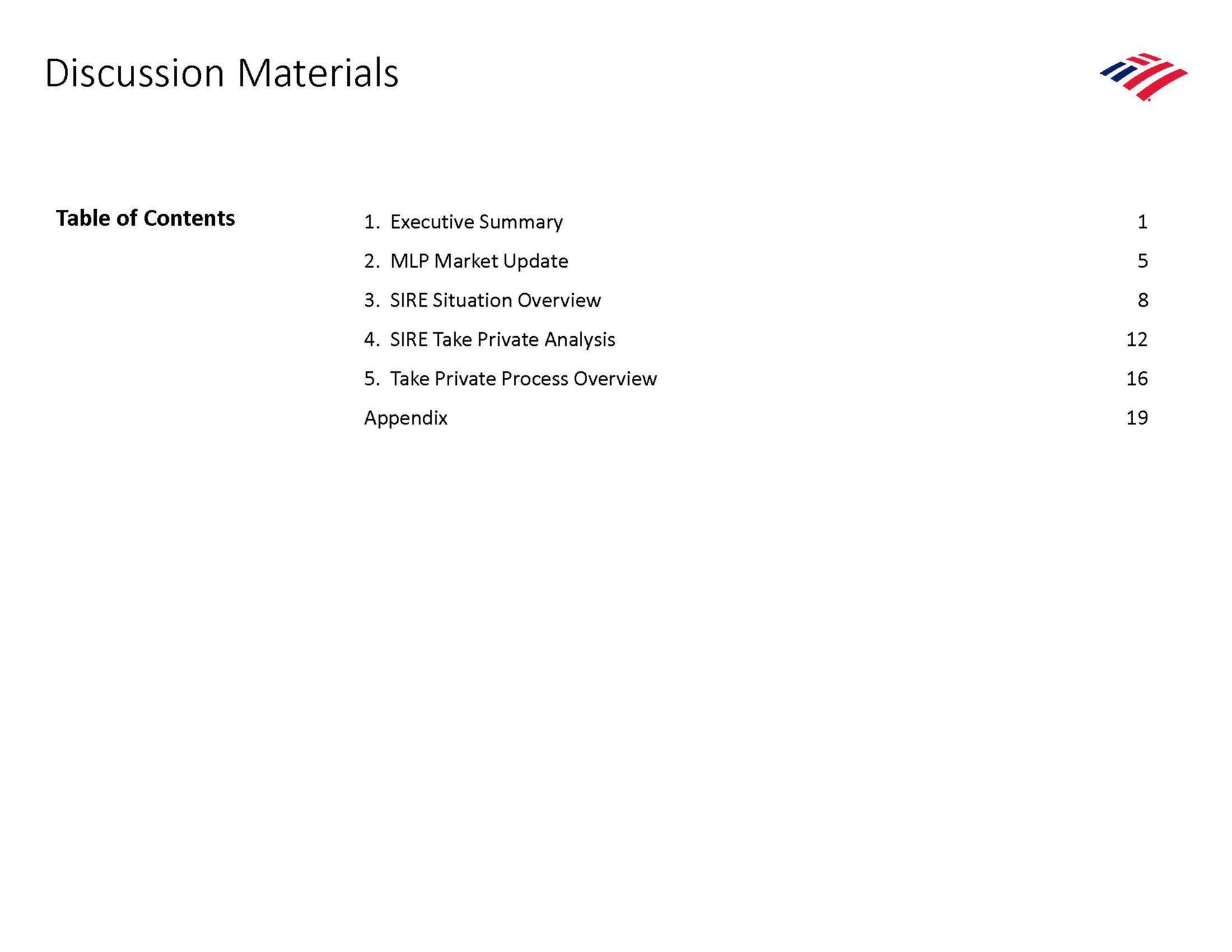 discussion materials table of contents | Bank of America