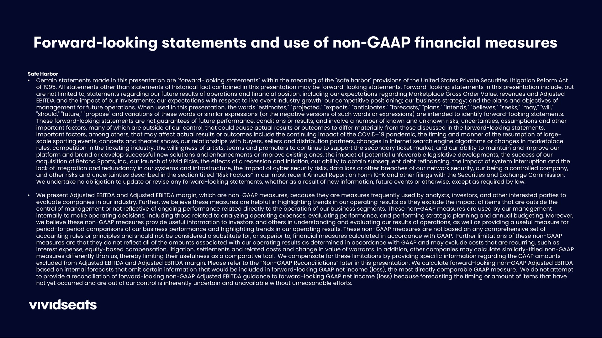 forward looking statements and use of non financial measures | Vivid Seats