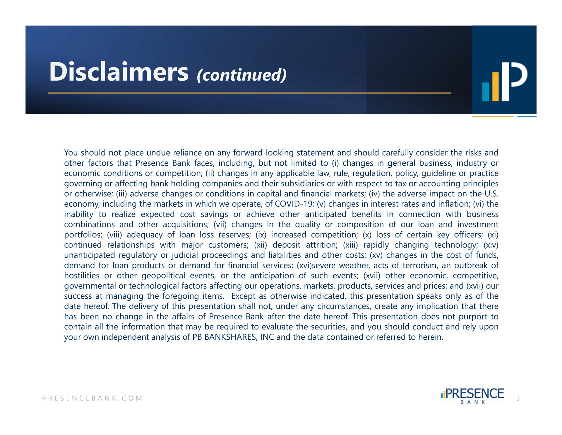 disclaimers continued | PB Bankshares