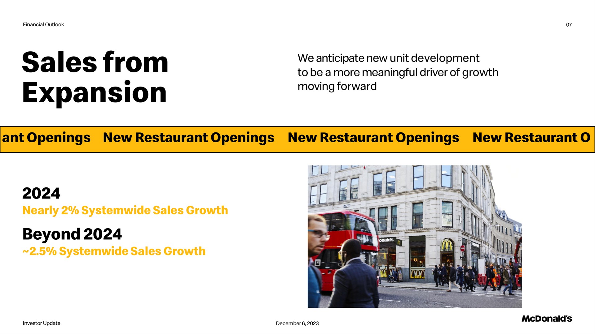 sales from expansion we anticipate new unit development to be a more meaningful driver of growth moving forward ant openings new restaurant openings new restaurant openings new restaurant nearly sales growth beyond sales growth fro | McDonald's