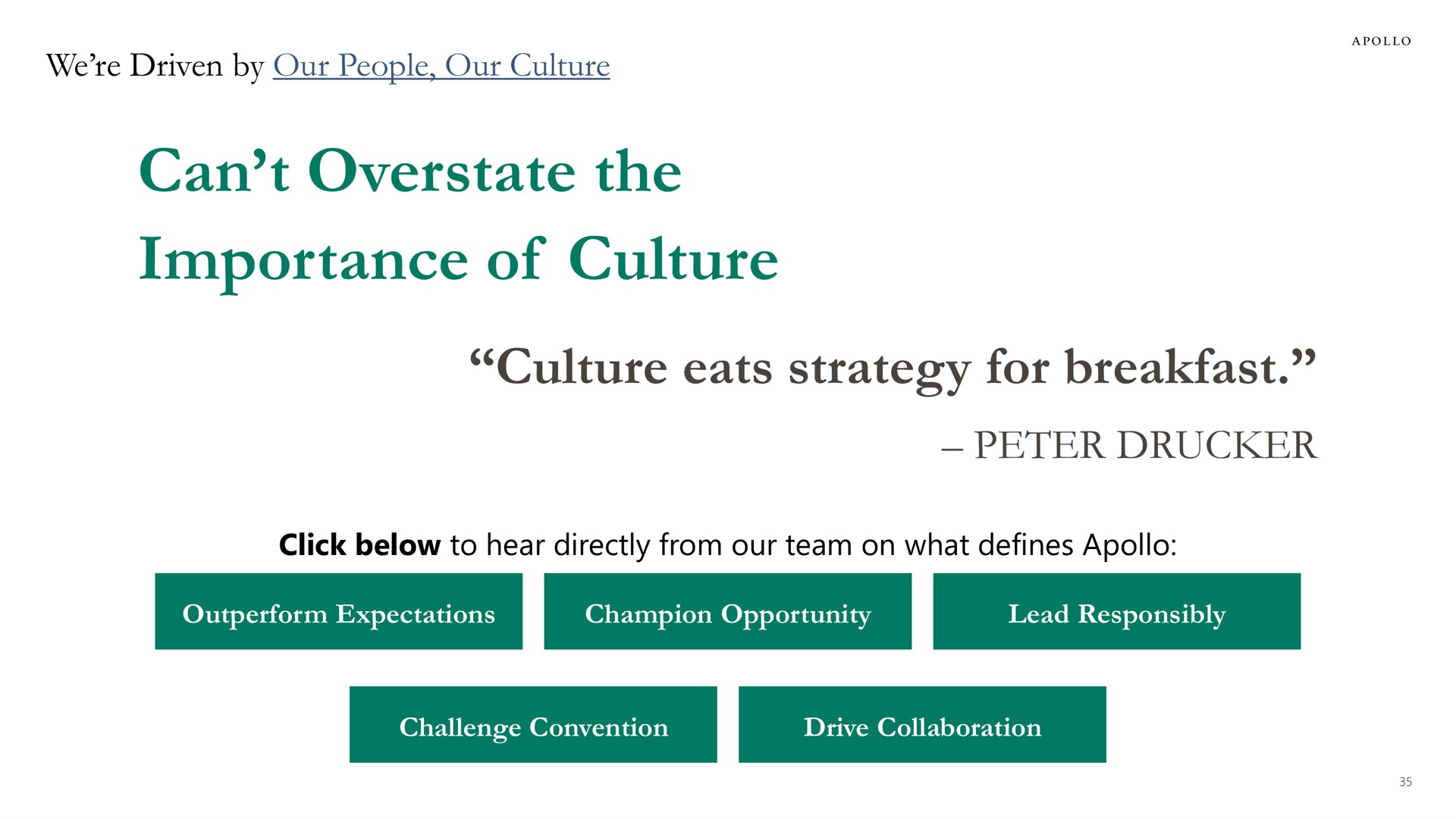 we driven by our people our culture can overstate the importance of culture culture eats strategy for breakfast peter click below to hear directly from team on what defines | Apollo Global Management