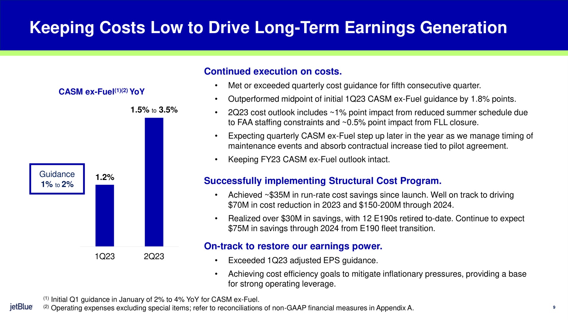 keeping costs low to drive long term earnings generation continued execution on costs successfully implementing structural cost program on track to restore our earnings power | jetBlue