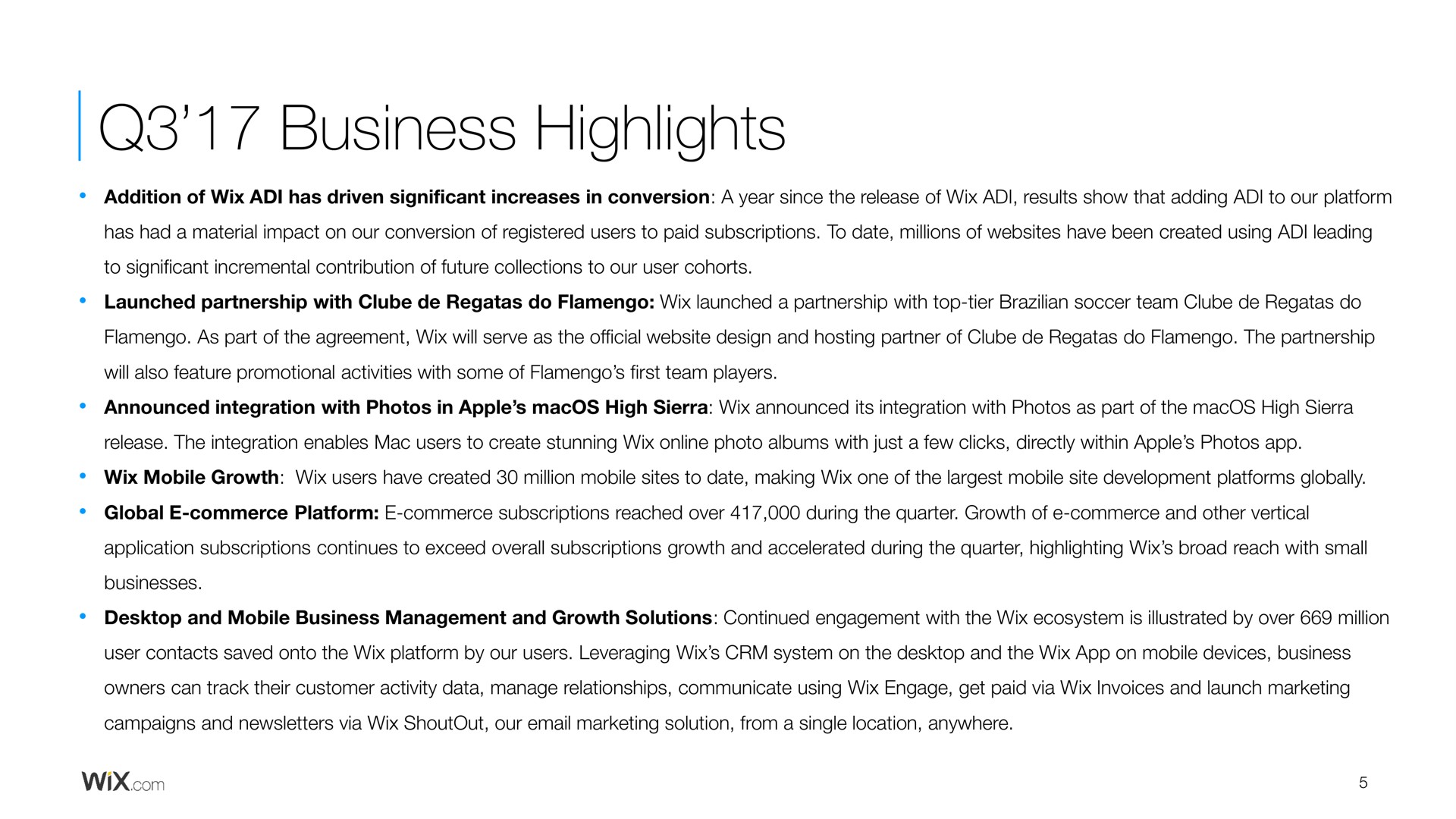 business highlights | Wix