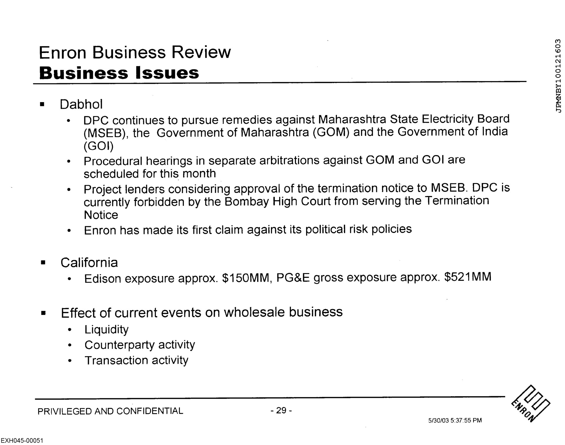 business review business issues liquidity | Enron