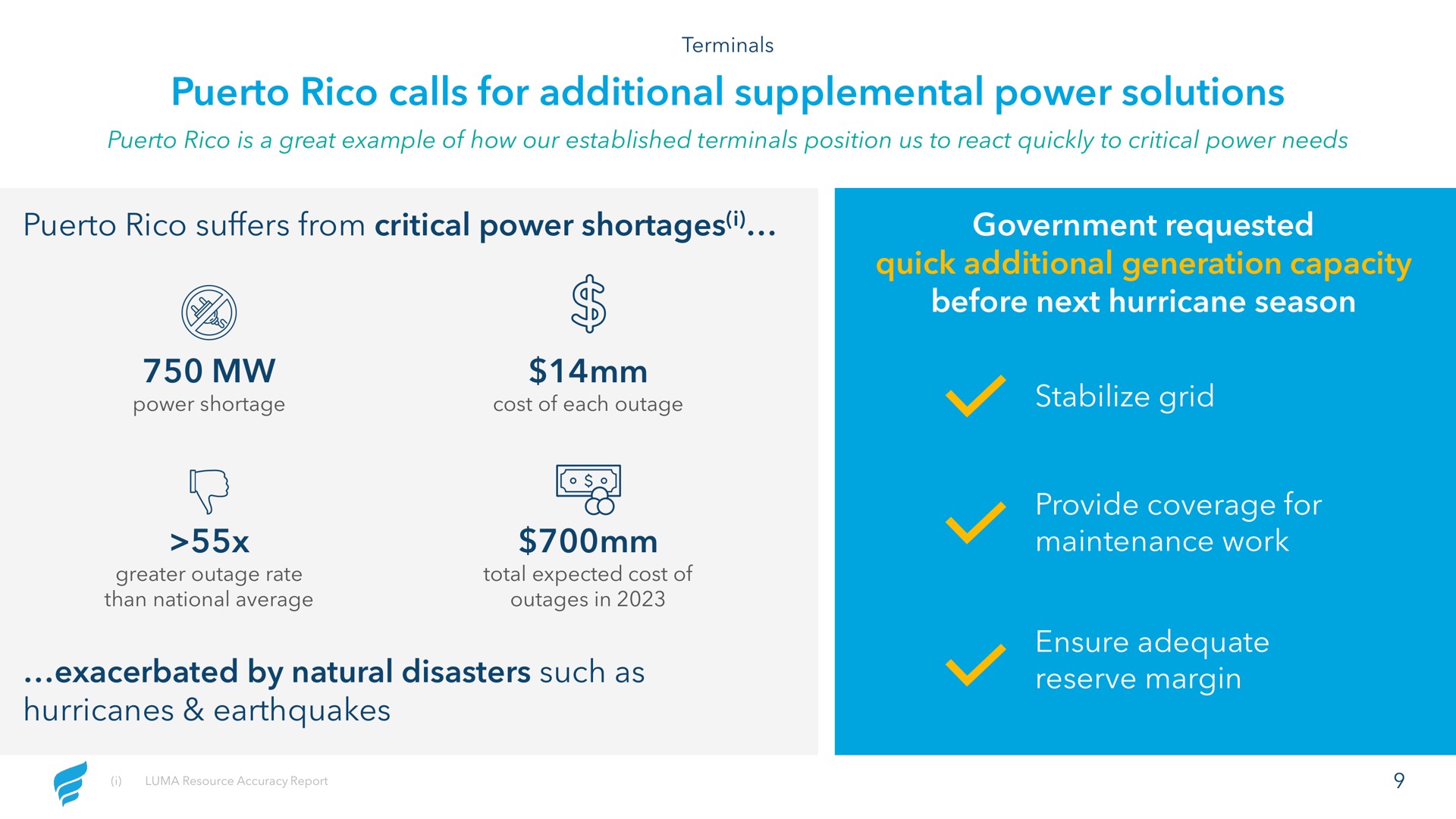 calls for additional supplemental power solutions suffers from critical power shortages i government requested quick additional generation capacity before next hurricane season stabilize grid exacerbated by natural disasters such as hurricanes earthquakes provide coverage for maintenance work ensure adequate reserve margin | NewFortress Energy