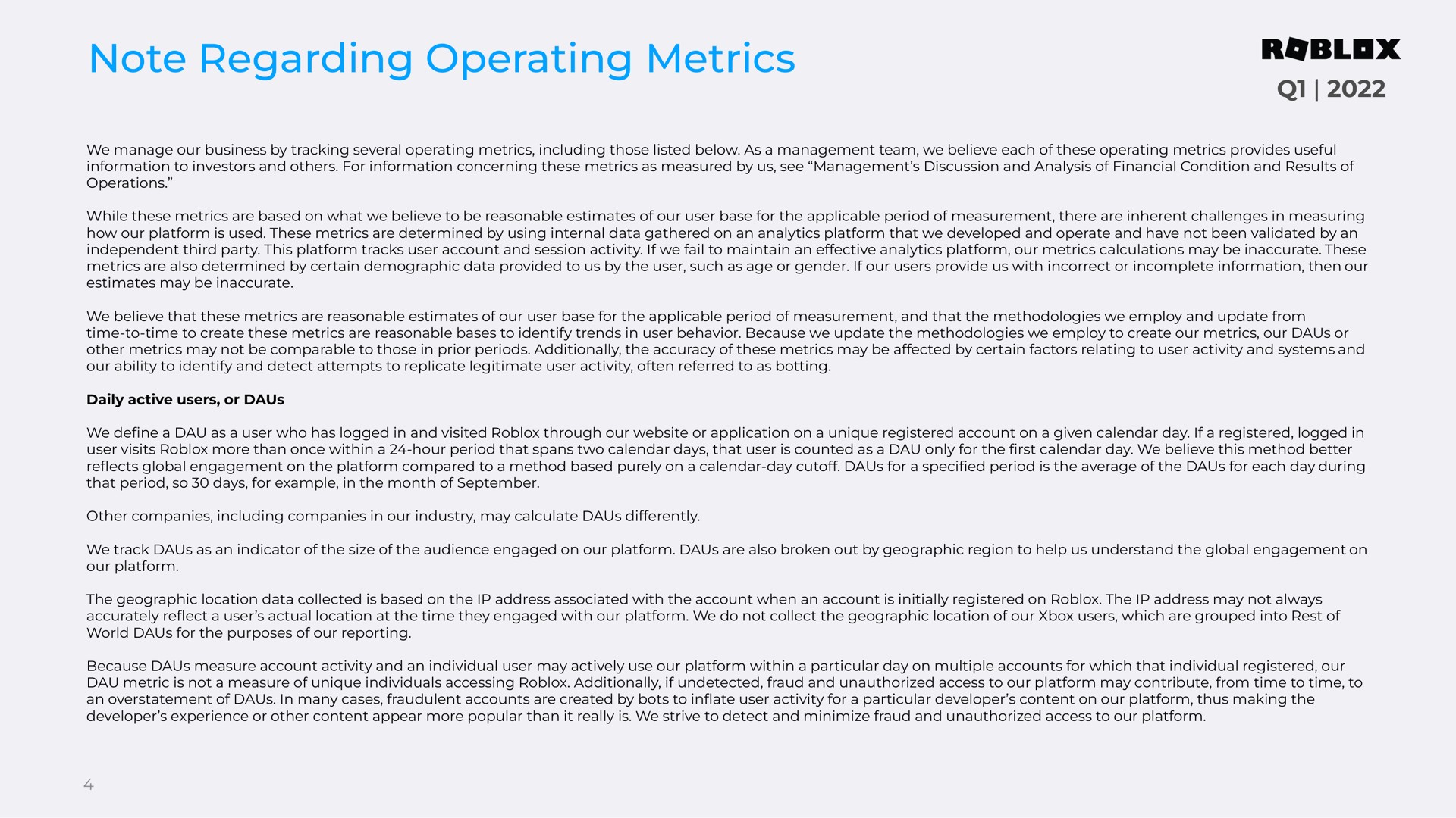 note regarding operating metrics | Roblox