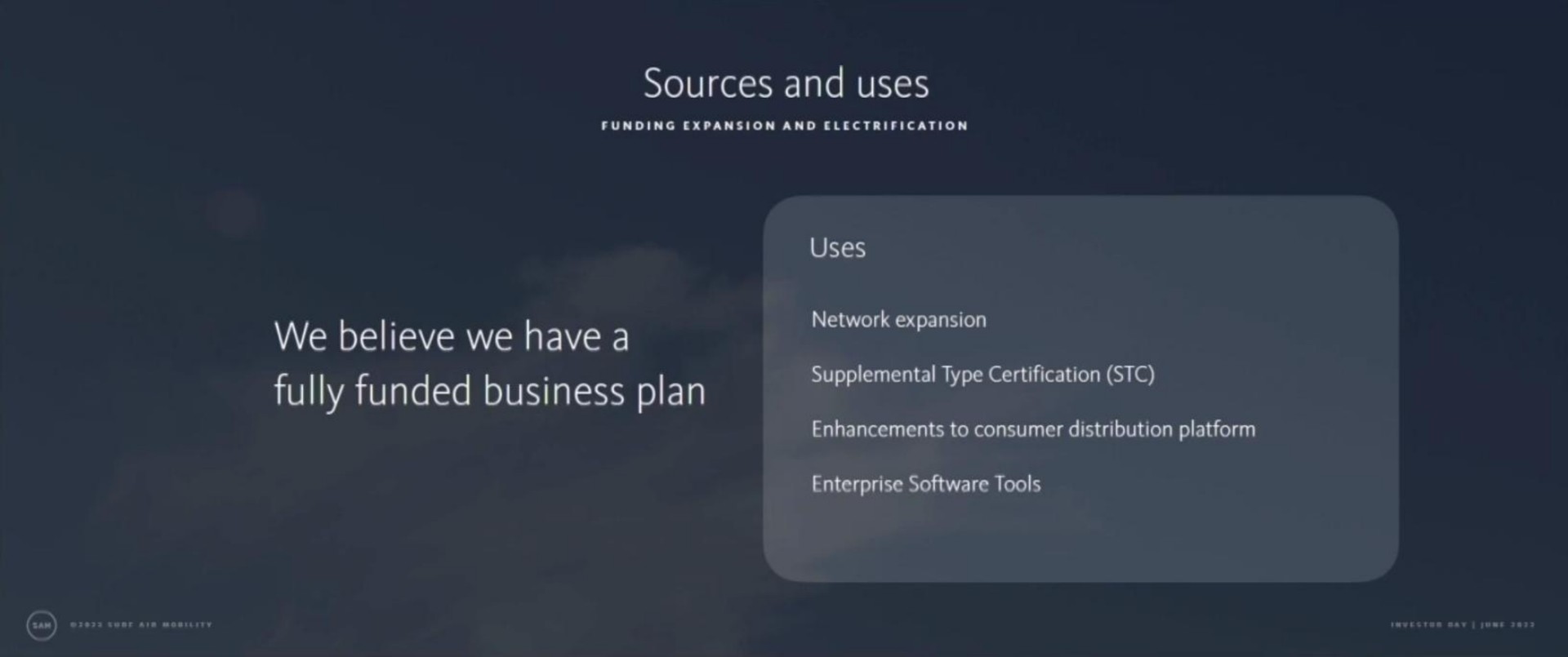 sources and uses funding expansion and electrification we believe we have a a a ats network expansion supplemental type certification enhancements to consumer distribution platform enterprise tools | Surf Air
