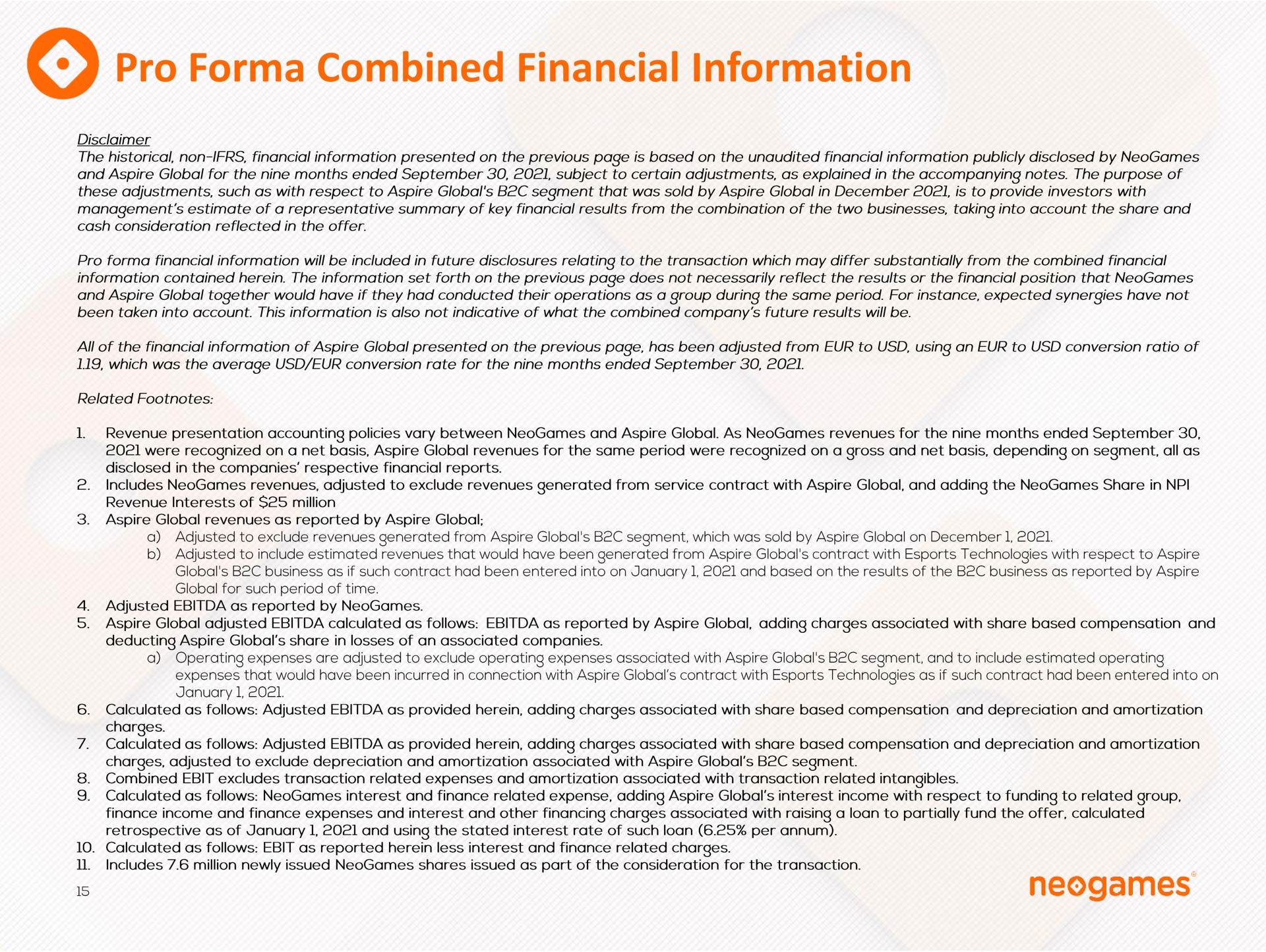 pro combined financial information | Neogames
