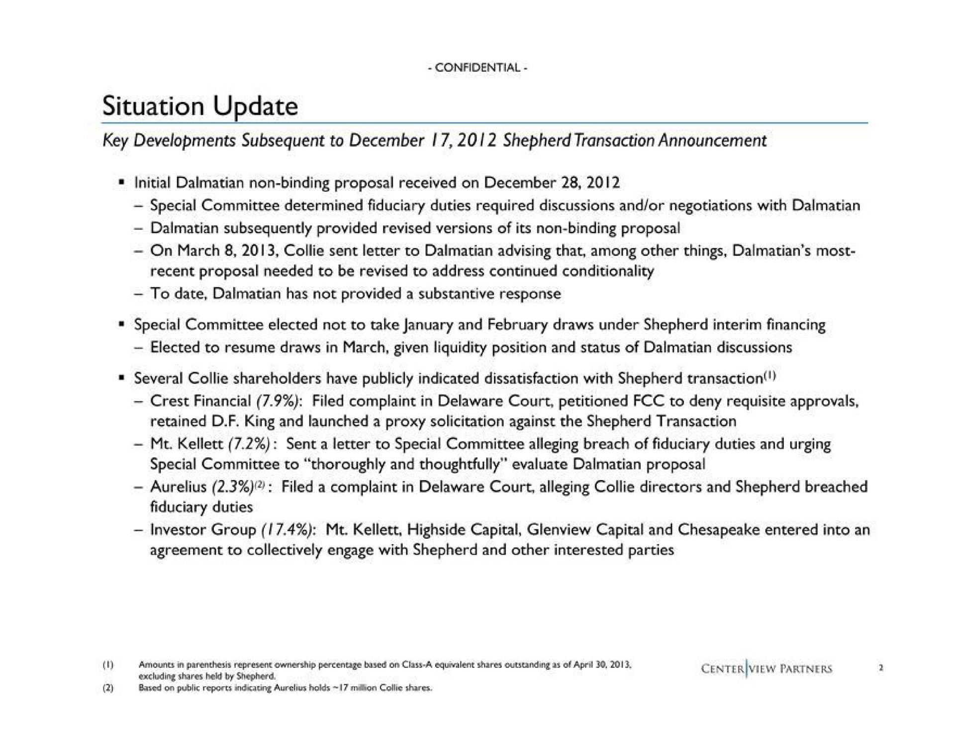 situation update key developments subsequent to shepherd transaction announcement several collie shareholders have publicly indicated dissatisfaction with shepherd transaction sent a letter to special committee alleging breach of fiduciary duties and urging investor group capital capital and entered into an | Centerview Partners