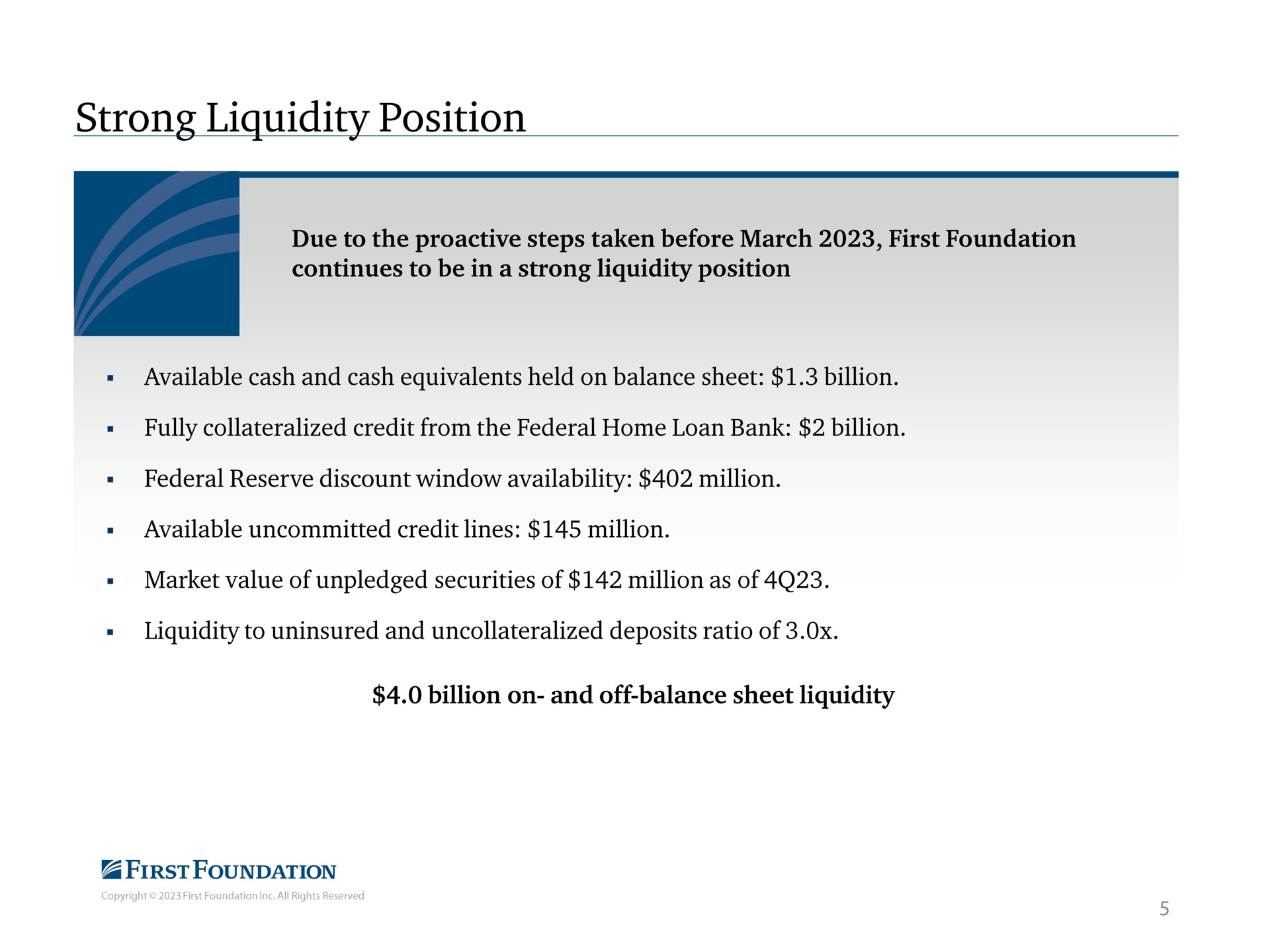 strong liquidity position federal reserve discount window availability million liquidity to uninsured and deposits ratio of billion on and off balance sheet liquidity | First Foundation