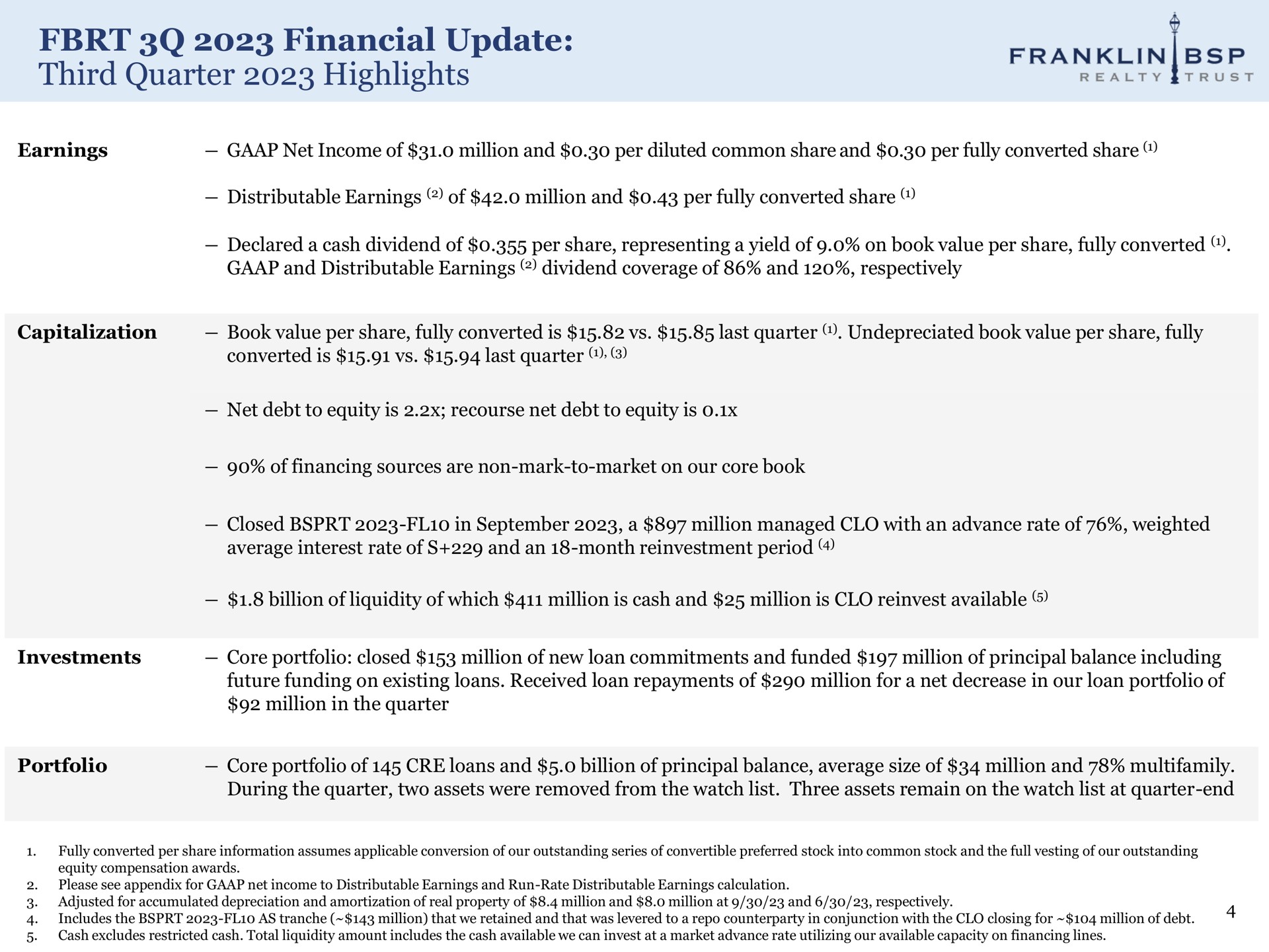 financial update third quarter highlights | Franklin BSP Realty Trust