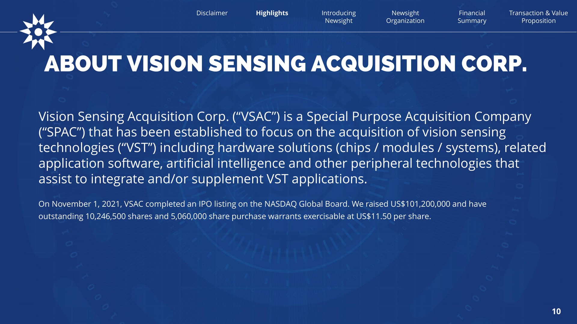 about vision sensing acquisition corp vision sensing acquisition corp is a special purpose acquisition company that has been established to focus on the acquisition of vision sensing technologies including hardware solutions chips modules systems related application artificial intelligence and other peripheral technologies that assist to integrate and or supplement applications on completed an listing on the global board we raised us and have outstanding shares and share purchase warrants exercisable at us per share | Newsight Imaging