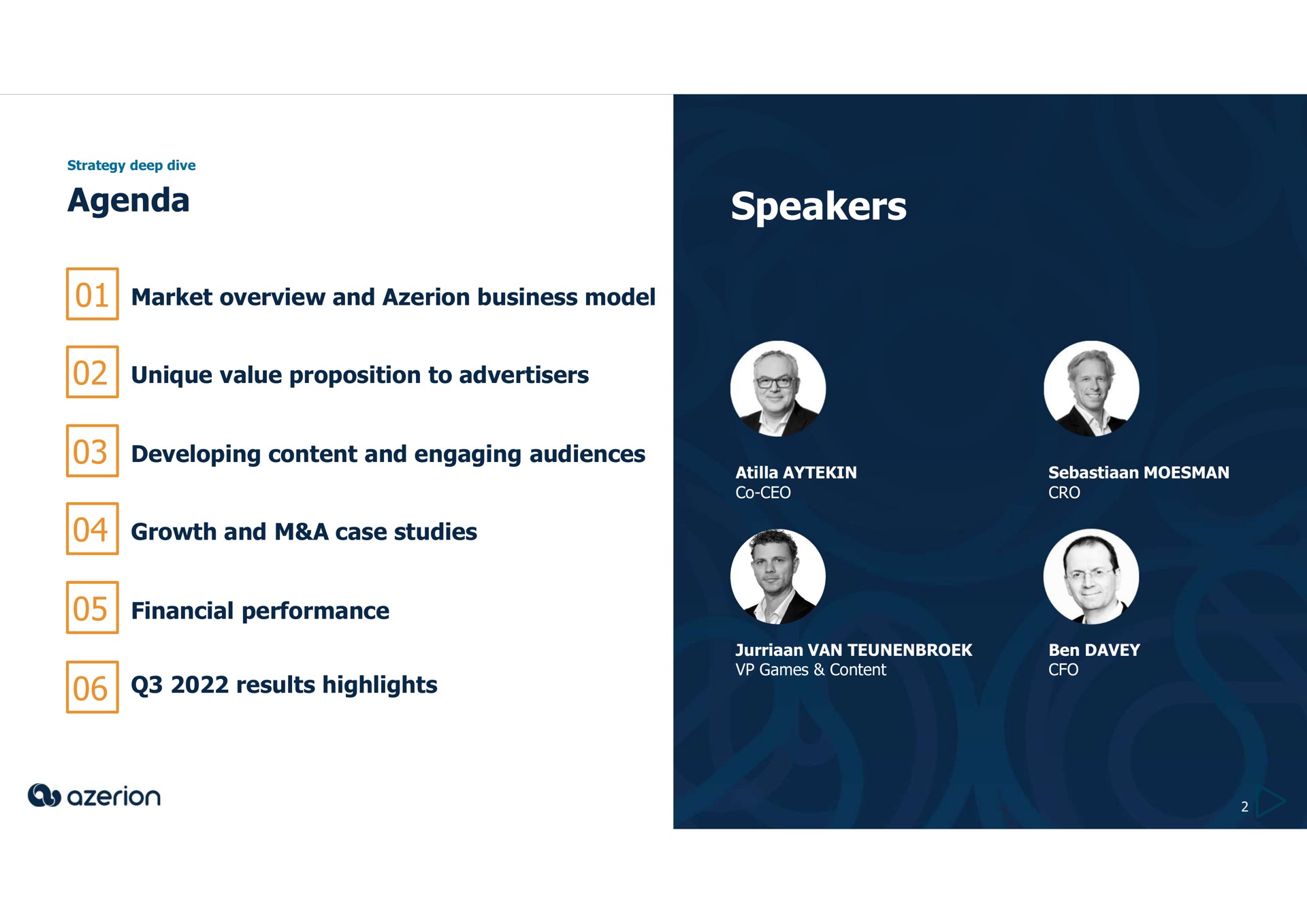 agenda speakers market overview and business model unique value proposition to advertisers developing content and engaging audiences growth and a case studies financial performance results highlights | Azerion