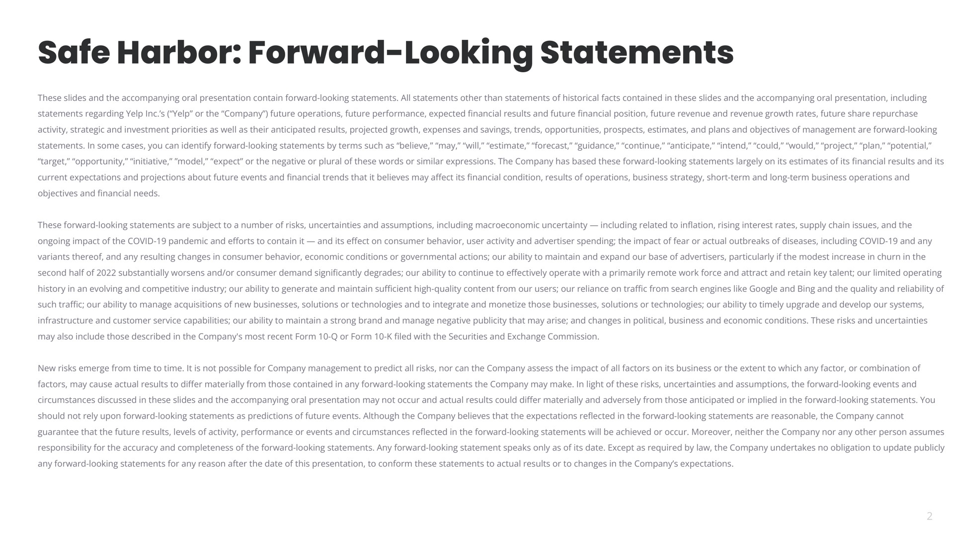 safe harbor forward looking statements | Yelp