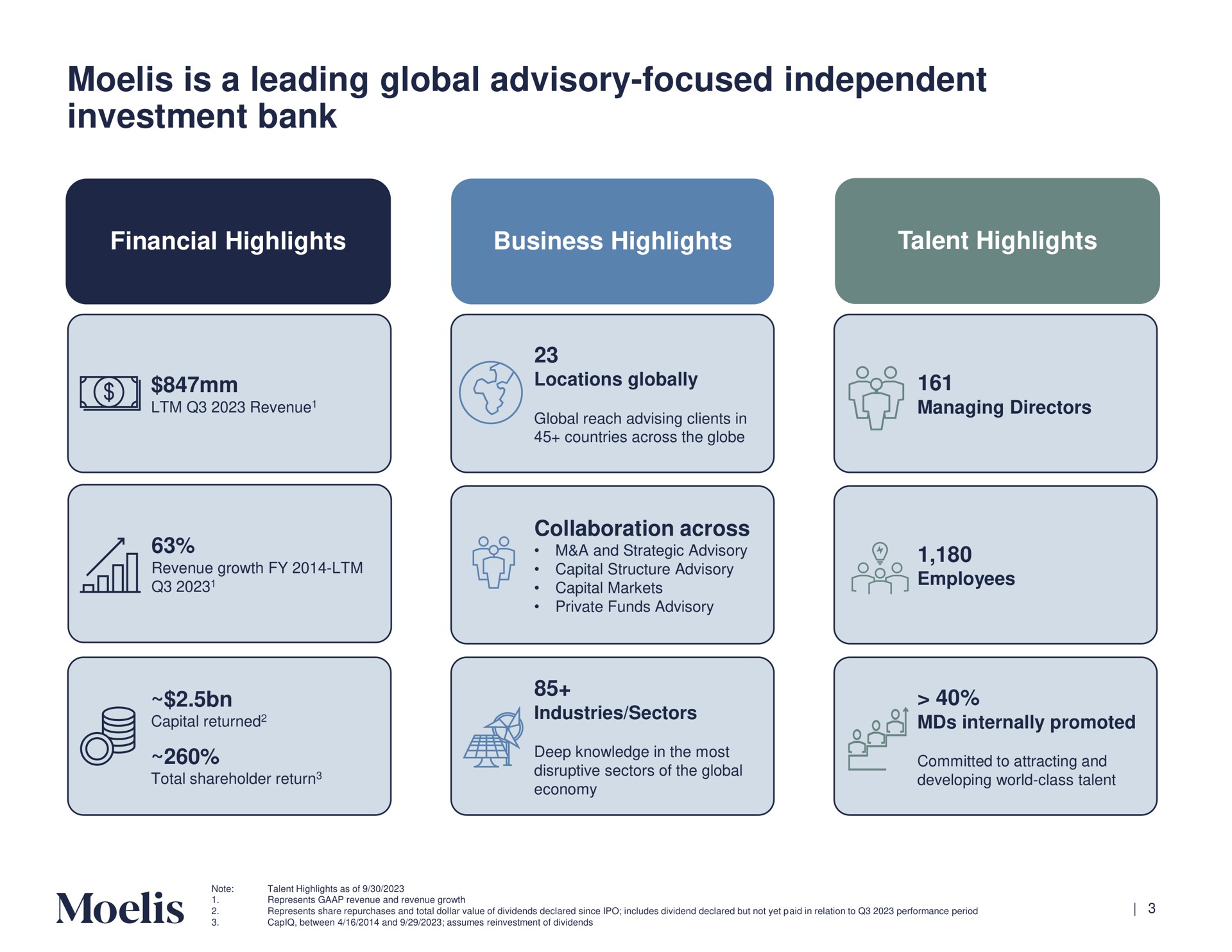 is a leading global advisory focused independent investment bank so | Moelis & Company