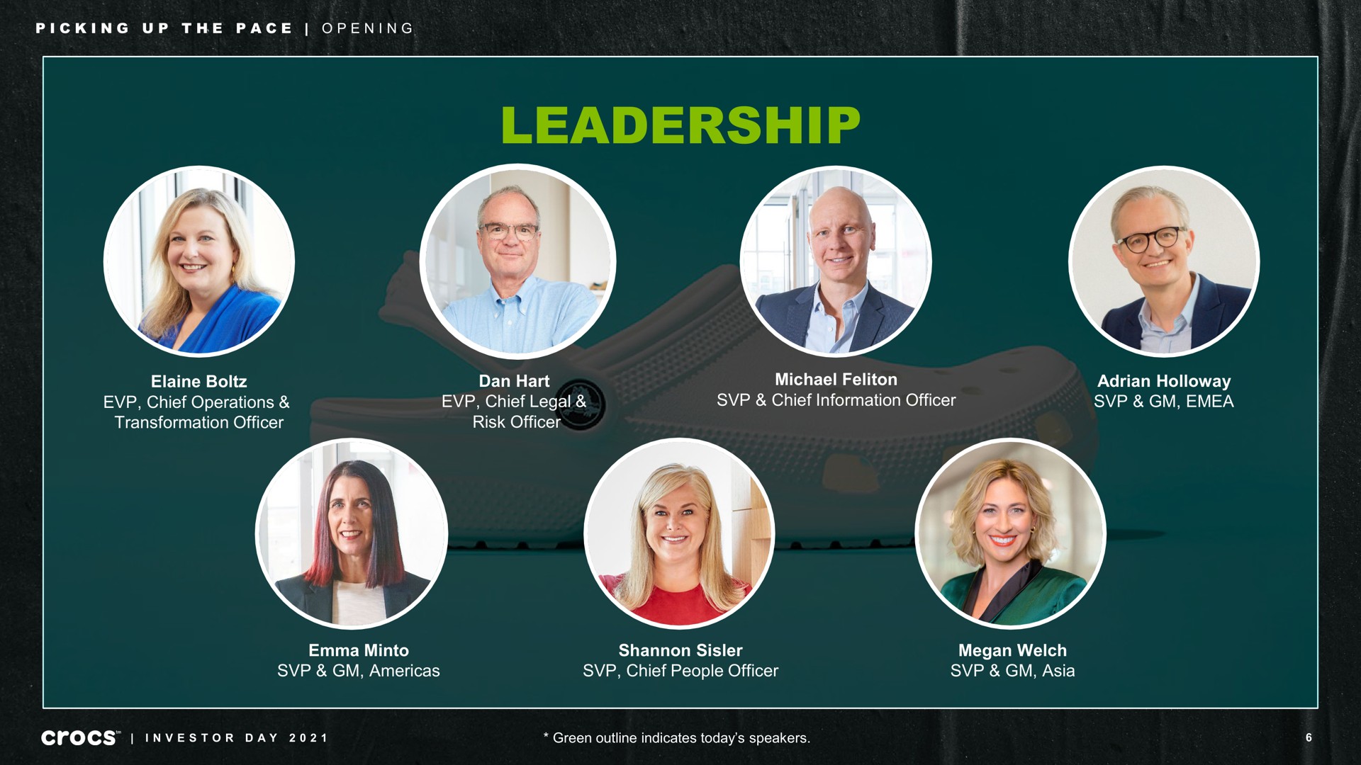 leadership elaine chief operations transformation officer dan hart chief legal risk officer chief information officer emma chief people officer picking up the pace opening in day green outline indicates today speakers | Crocs