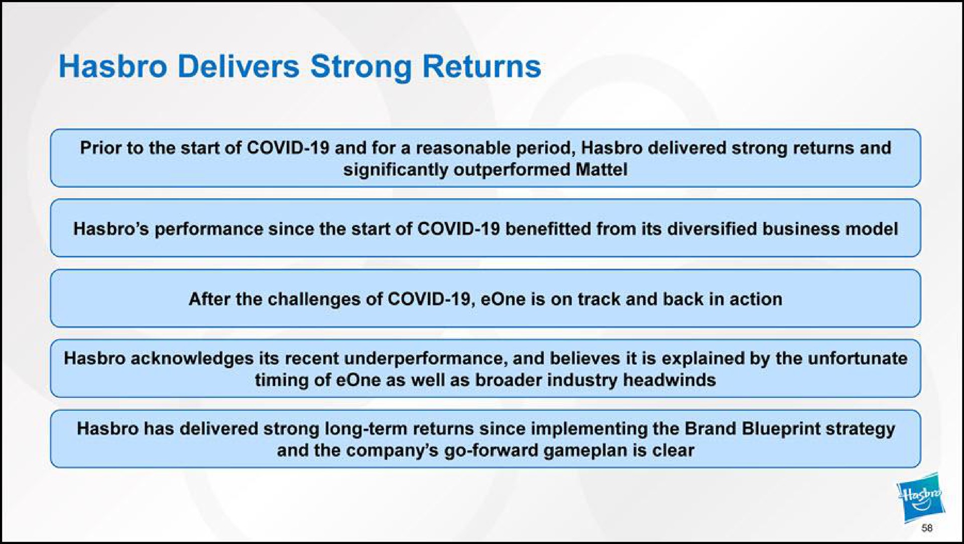 delivers strong returns prior to the start of covid and for a reasonable period delivered strong returns and significantly outperformed performance since the start of covid benefitted from its diversified business model after the challenges of covid is on track and back in action acknowledges its recent and believes it is explained by the unfortunate timing of as well as industry and the company go forward is clear has delivered strong long term returns since implementing the brand blueprint strategy | Hasbro