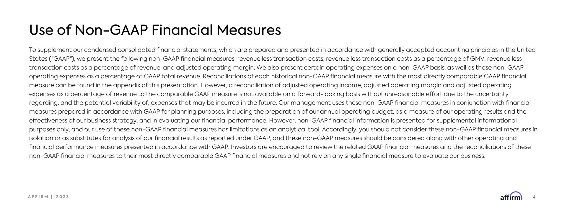 use of non financial measures | Affirm
