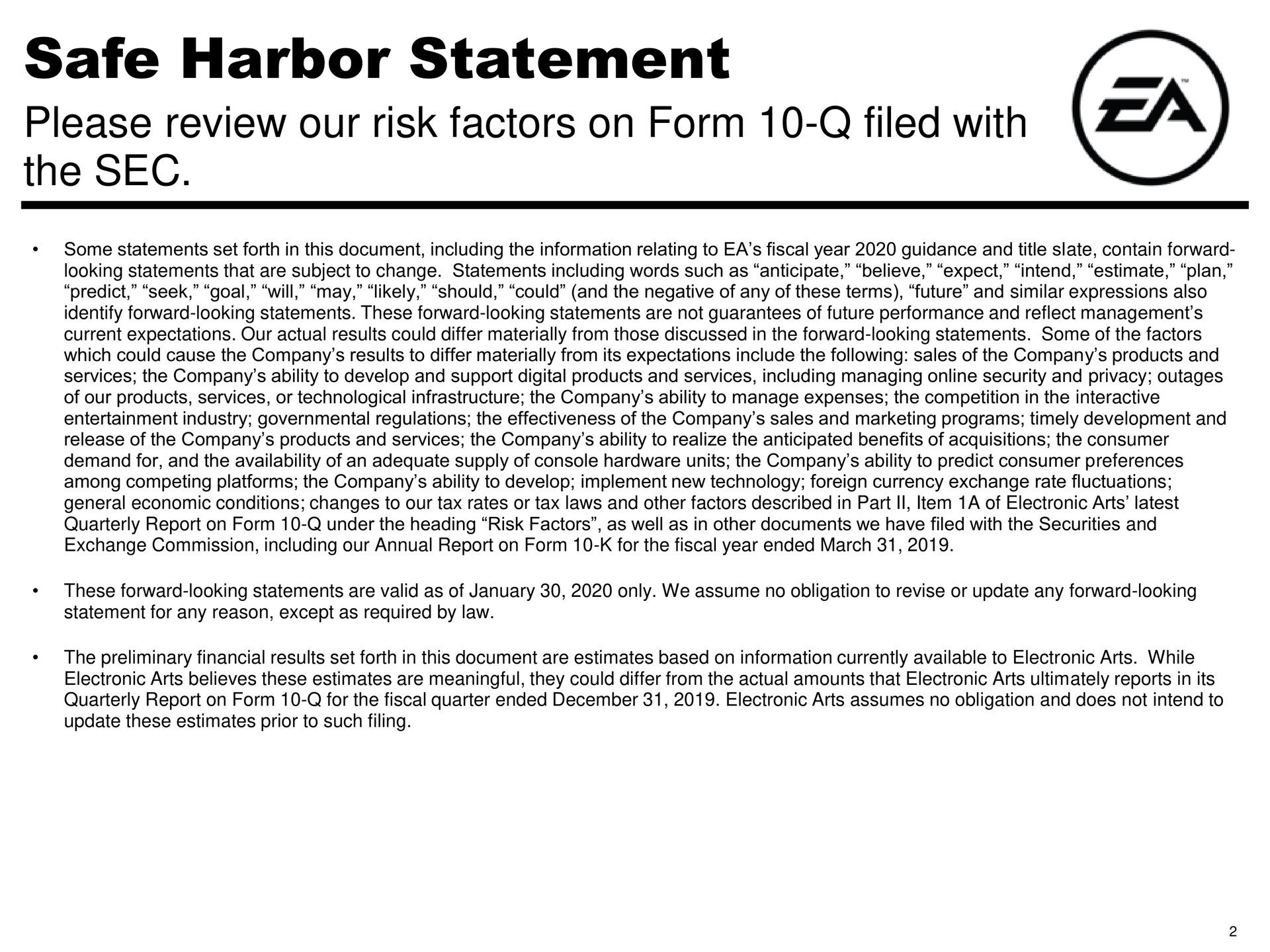 safe harbor statement | Electronic Arts