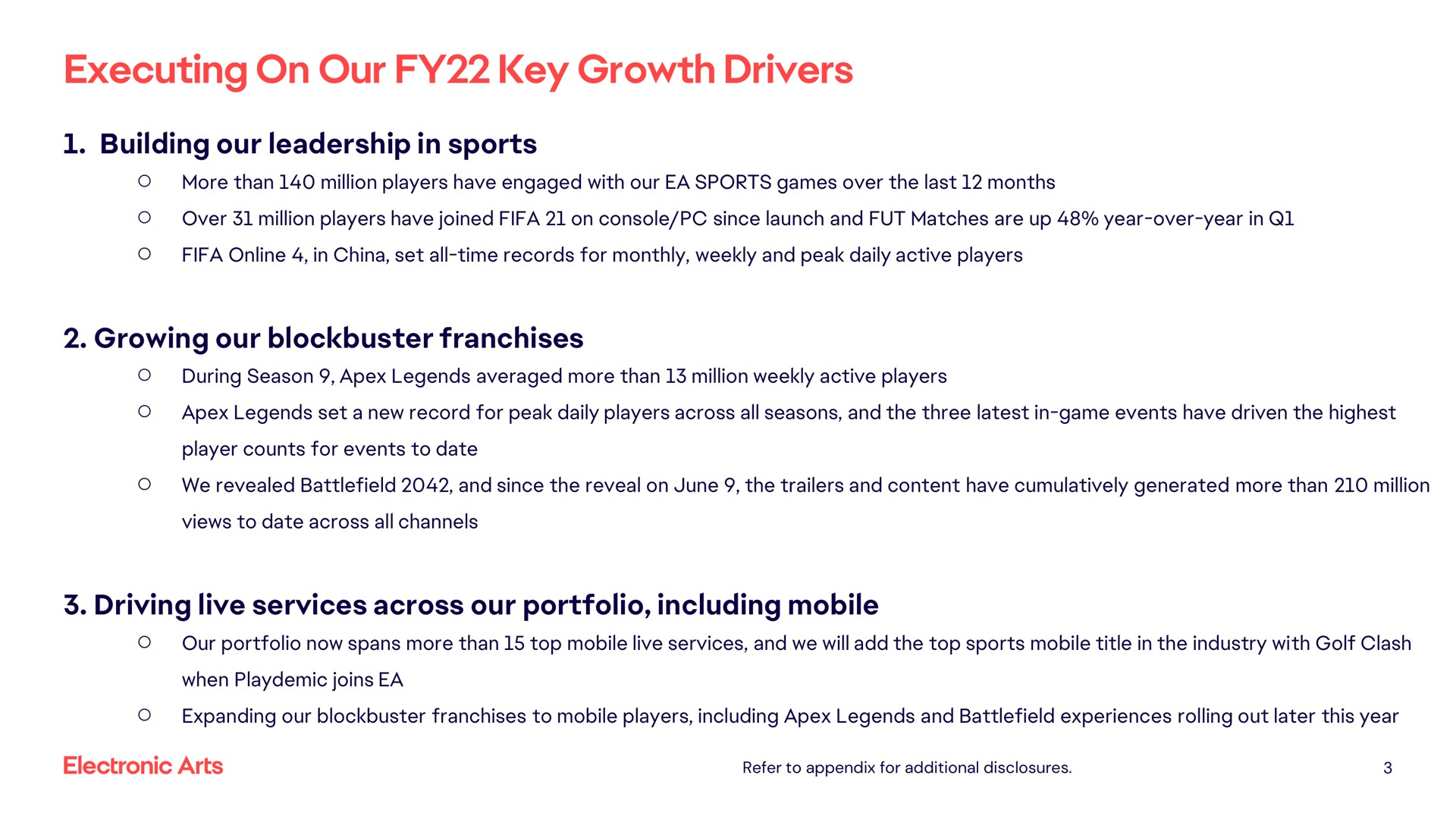 executing on our key growth drivers building our leadership in sports growing our blockbuster franchises driving live services across our portfolio including mobile | Electronic Arts
