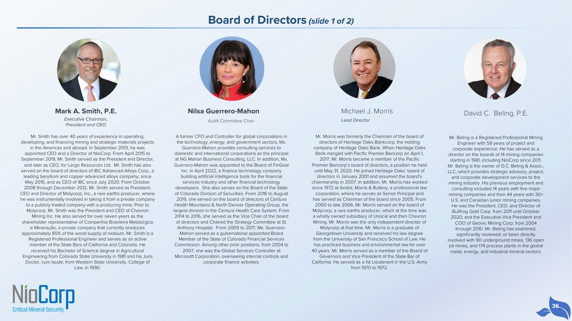 board of directors slide of | NioCorp