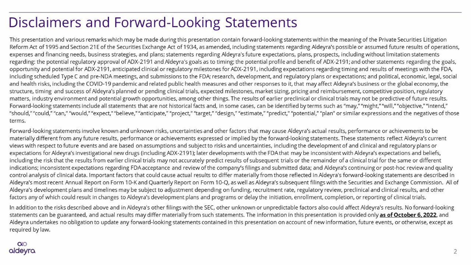 disclaimers and forward looking statements | Aldeyra Therapeutics