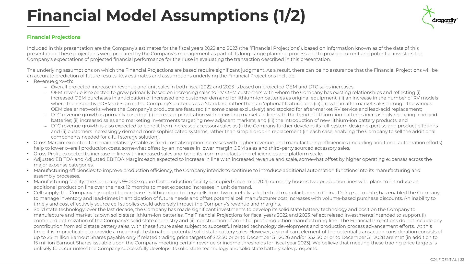 financial model assumptions | Dragonfly Energy