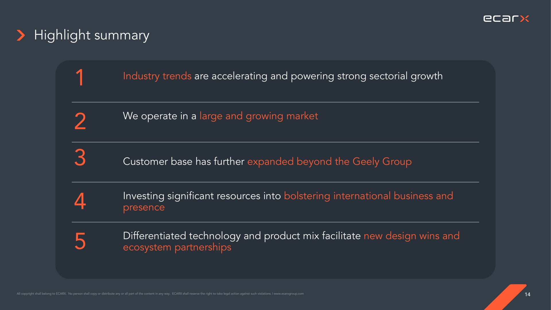 highlight summary industry trends are accelerating and powering strong sectorial growth we operate in a large and growing market customer base has further expanded beyond the group investing significant resources into bolstering international business and presence differentiated technology and product mix facilitate new design wins and ecosystem partnerships | Ecarx