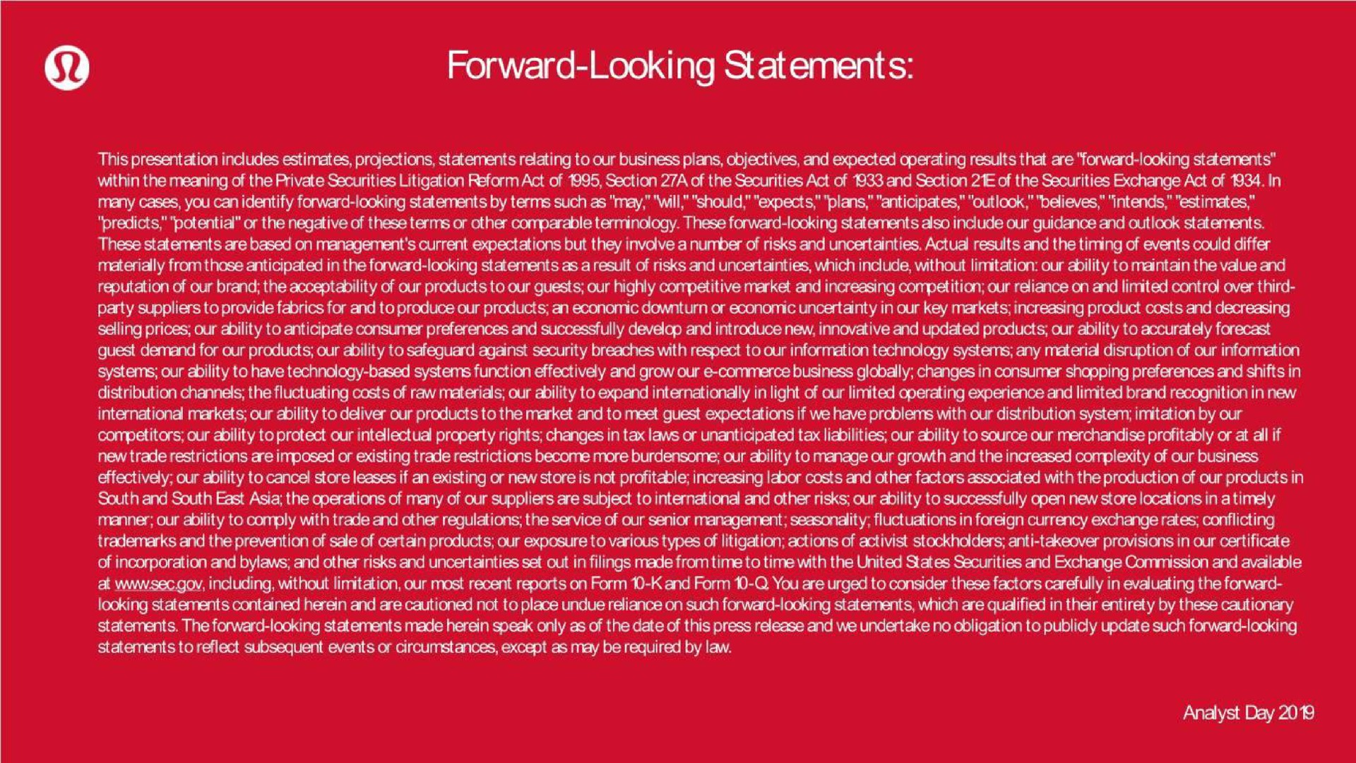 forward looking statements | Lululemon