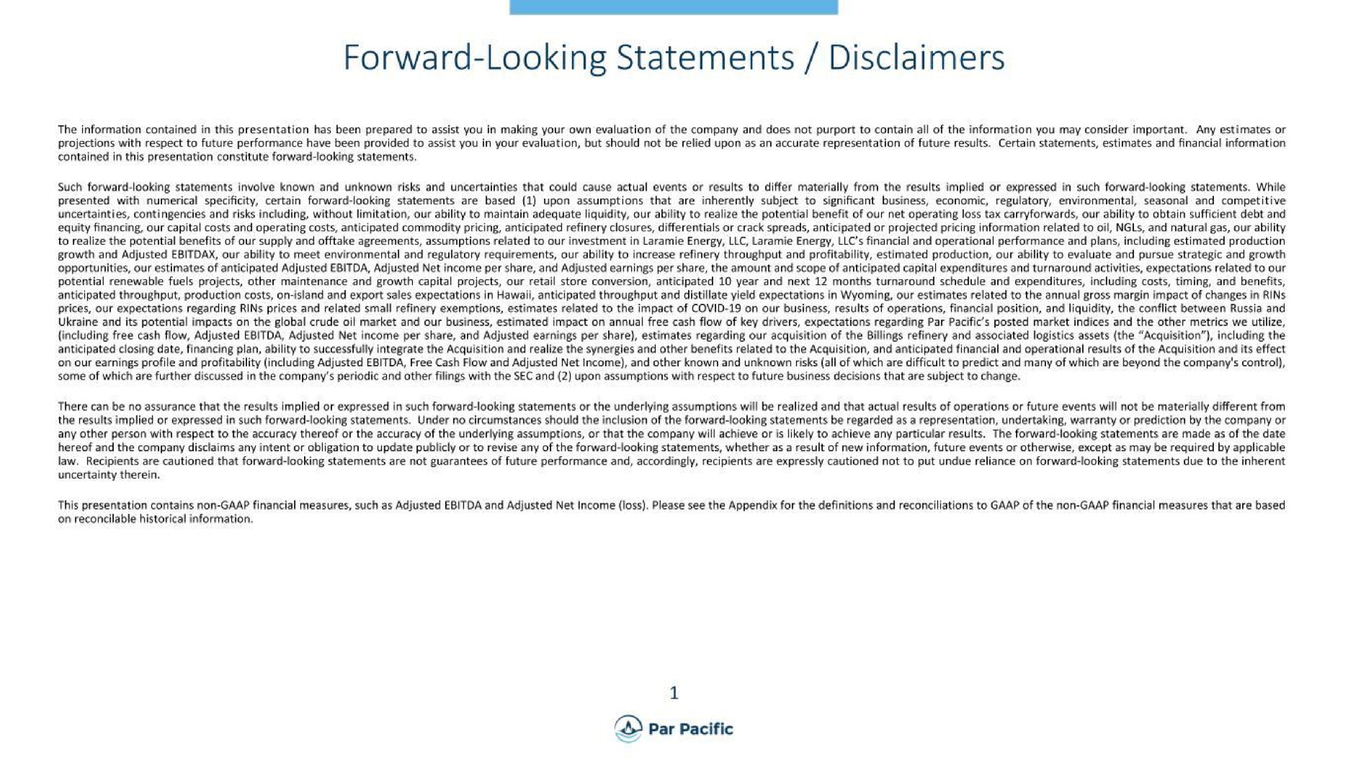 forward looking statements disclaimers | Par Pacific