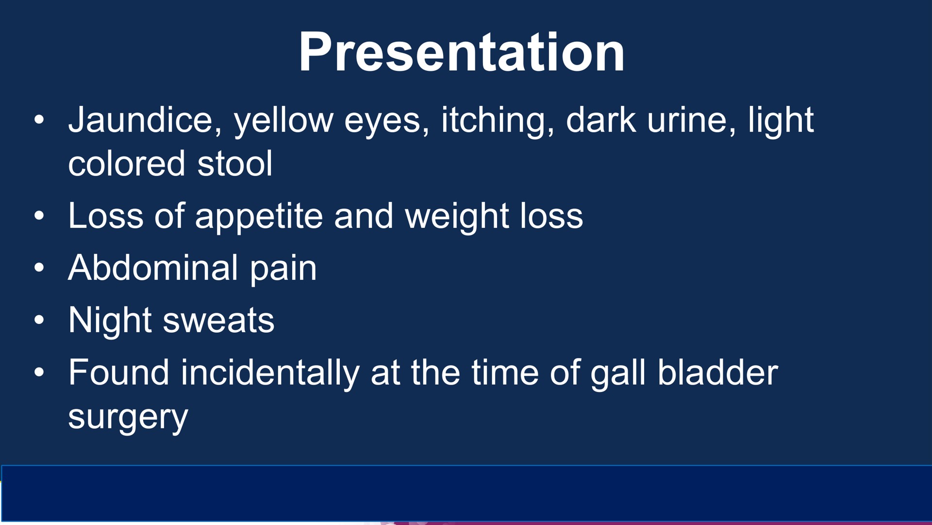 presentation jaundice yellow eyes itching dark urine light colored stool loss of appetite and weight loss abdominal pain night sweats found incidentally at the time of gall bladder surgery | Compass Therapeutics