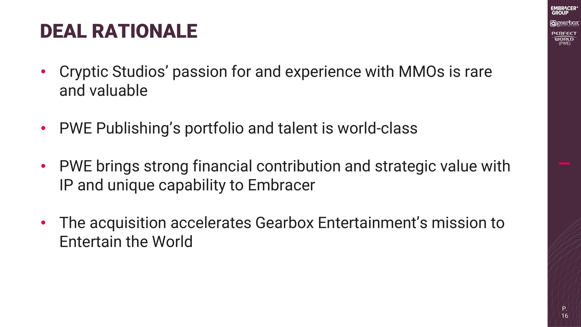 deal rationale cryptic studios passion for and experience with is rare and valuable publishing portfolio and talent is world class brings strong financial contribution and strategic value with and unique capability to embracer the acquisition accelerates gearbox entertainment mission to entertain the world | Embracer Group