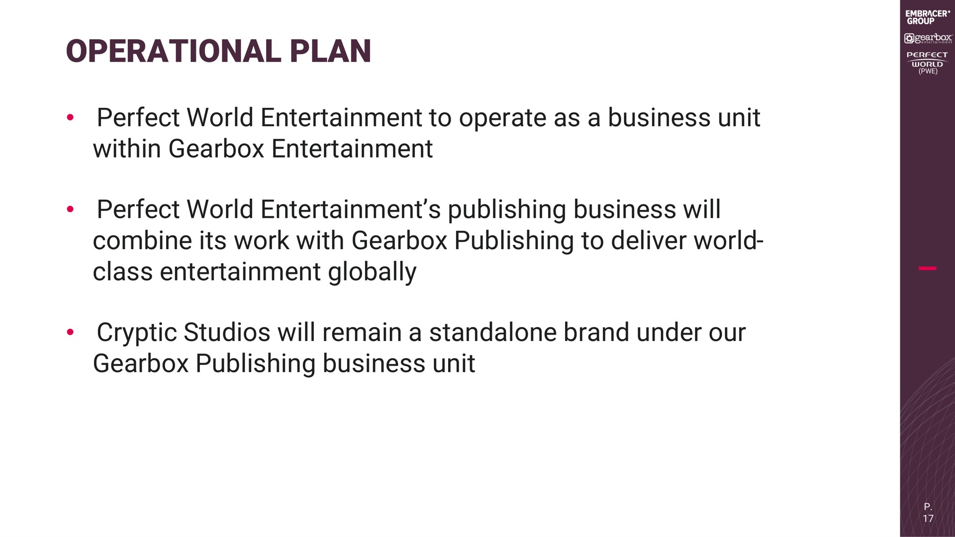 operational plan perfect world entertainment to operate as a business unit within gearbox entertainment perfect world entertainment publishing business will combine its work with gearbox publishing to deliver world class entertainment globally cryptic studios will remain a brand under our gearbox publishing business unit | Embracer Group