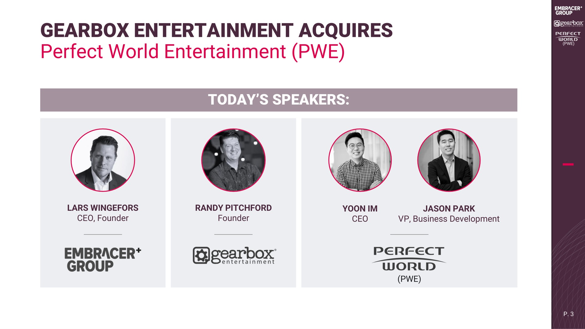gearbox entertainment acquires perfect world entertainment today speakers embracer group | Embracer Group