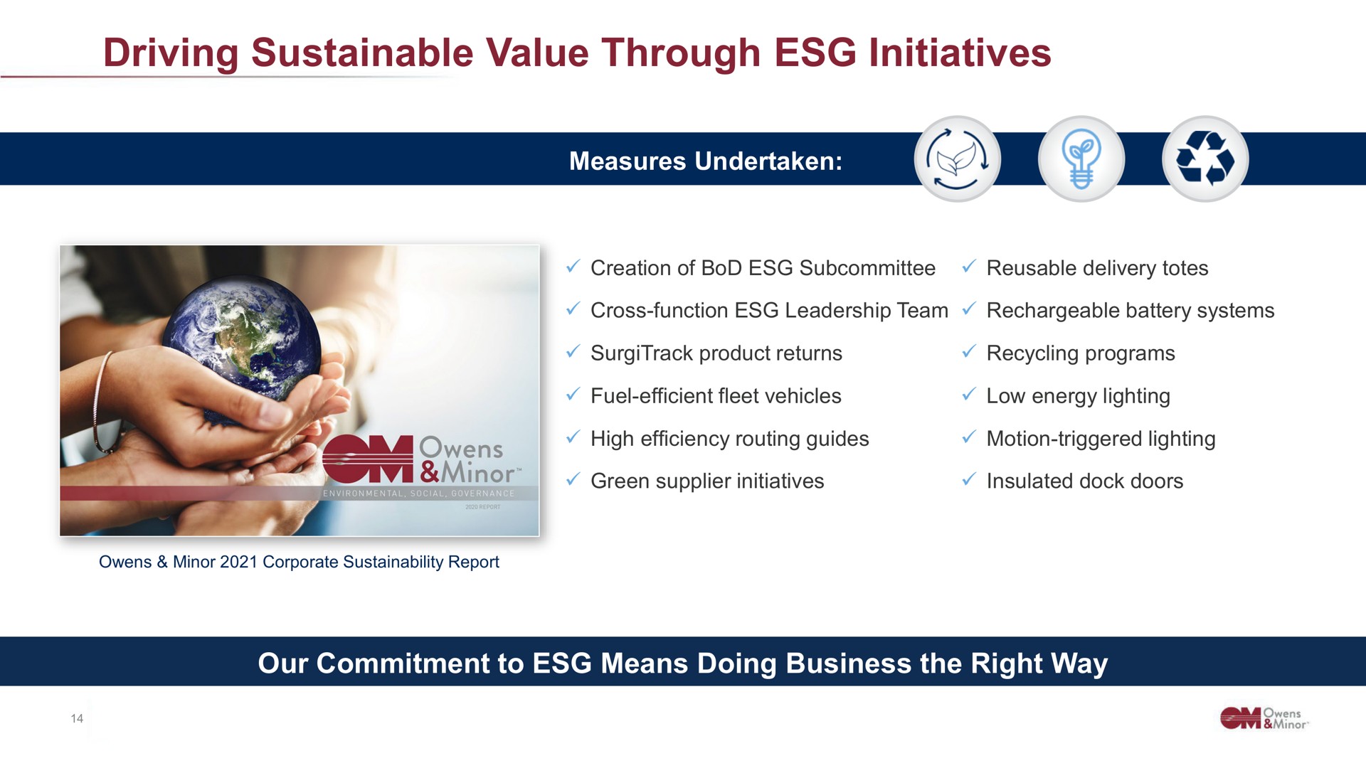 driving sustainable value through initiatives our commitment to means doing business the right way a | Owens&Minor