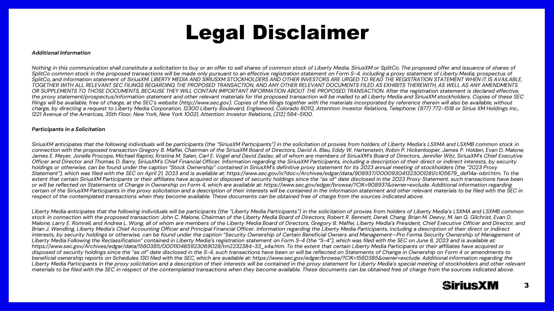 legal disclaimer | SiriusXM