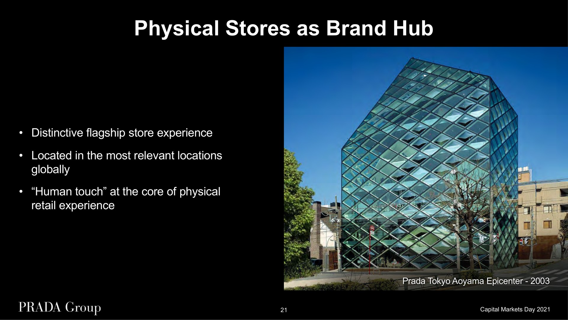 physical stores as brand hub distinctive flagship store experience located in the most relevant locations globally human touch at the core of physical retail experience epicenter | Prada