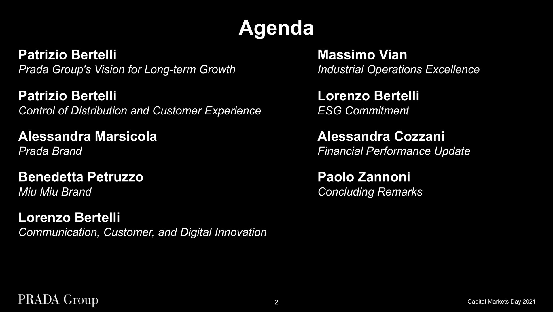 agenda group vision for long term growth industrial operations excellence control of distribution and customer experience commitment brand brand communication customer and digital innovation financial performance update paolo concluding remarks | Prada