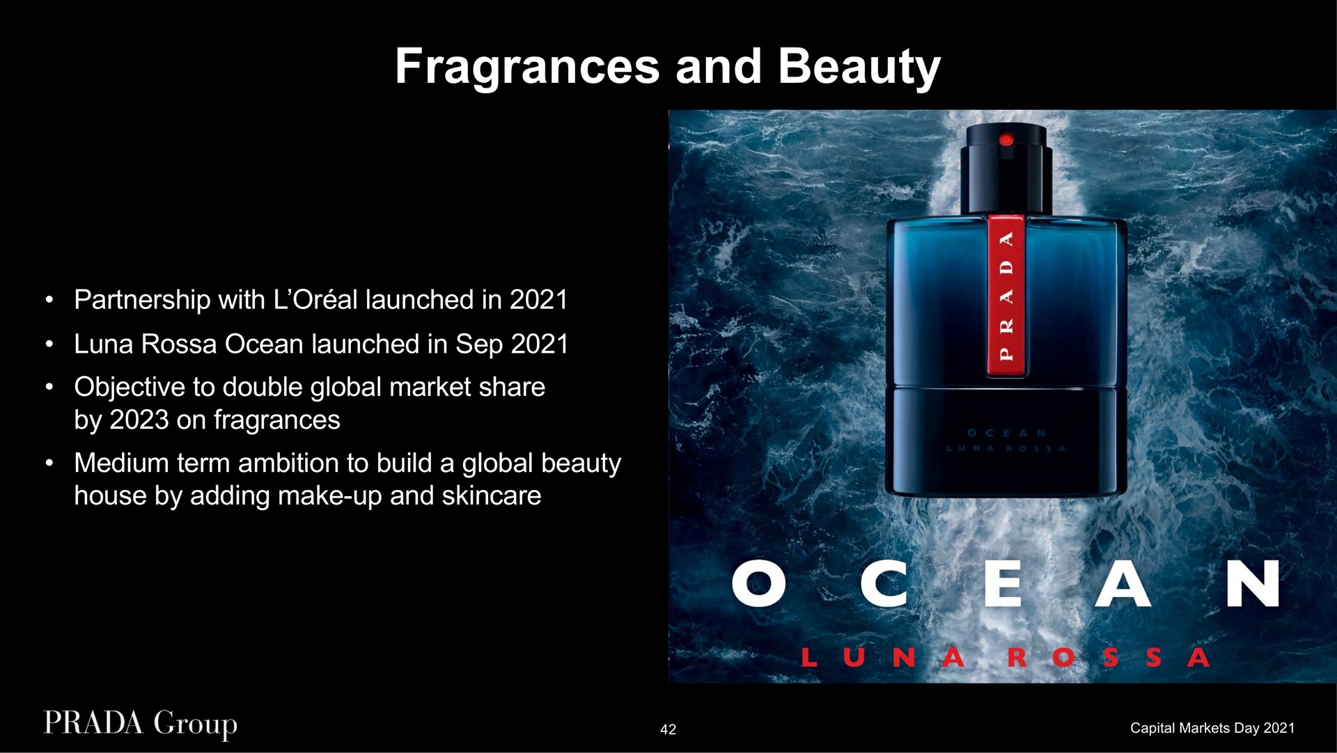 fragrances and beauty partnership with or launched in luna ocean launched in objective to double global market share by on fragrances medium term ambition to build a global beauty house by adding make up and | Prada